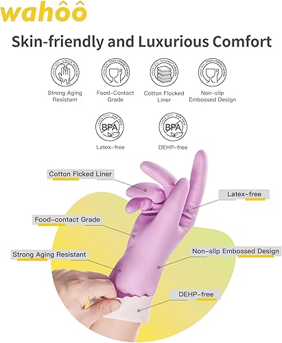 Miniatura 2 de wahoo Guantes de limpieza respetuosos con la piel, guantes reutilizables para lavavajillas con forro de algodón flocado, lavavajillas, cocina,