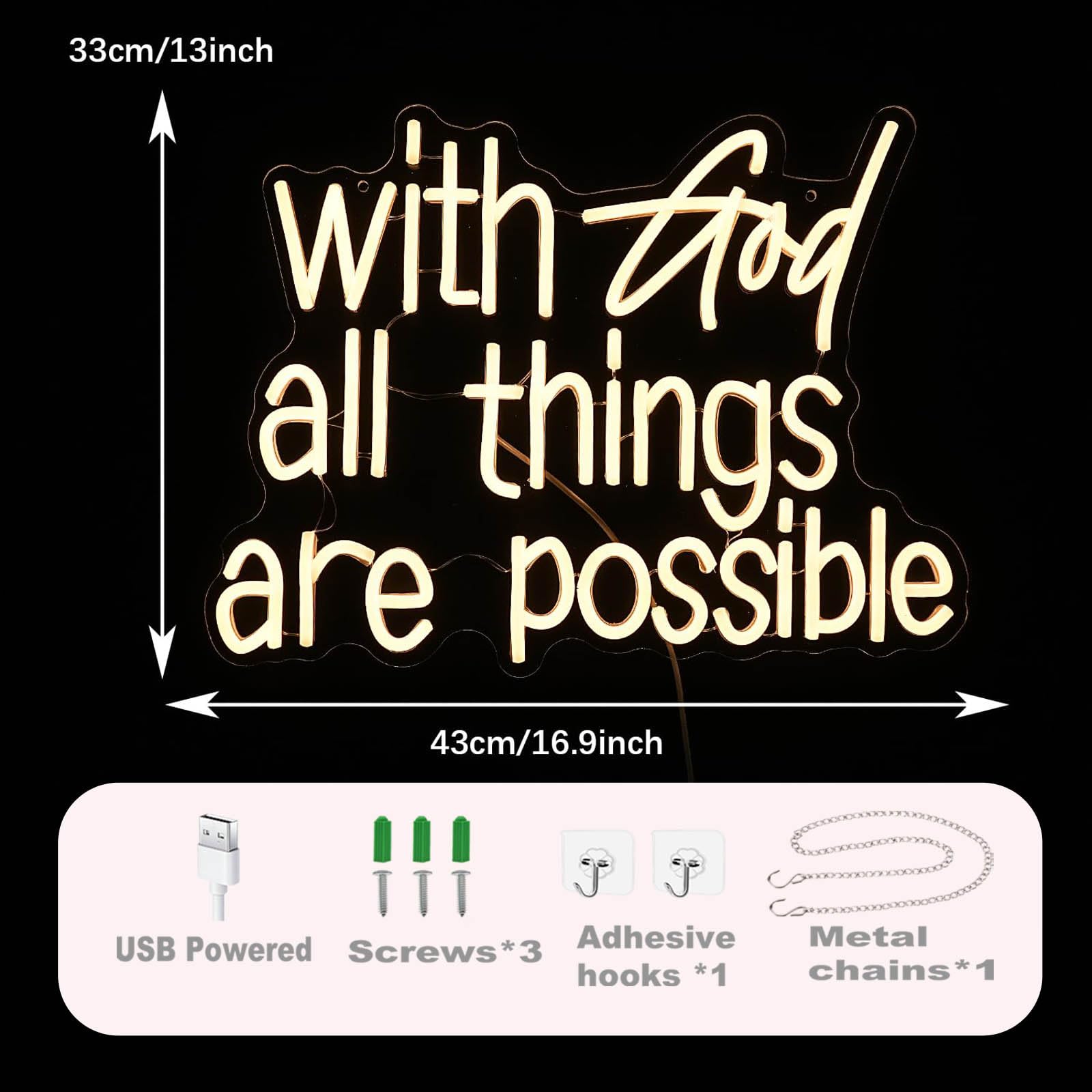 Neonowy znak "With God All Things Are Possible", jasna, ciepła biel, Bóg, neonowe światła LED, do dekoracji ścian, ściemniane, zasilanie USB, podświetlany bóg, neonowy znak świetlny do pokoju, na