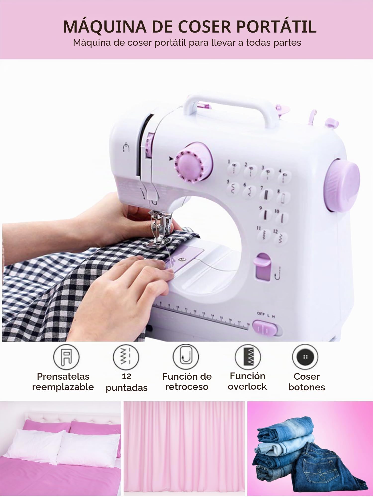 MAGIC SELECT Máquina de Coser Portátil con 2 Velocidades y 12 Puntadas | Pedal Incluido, 2 Carretes, Aguja de Recambio, Cortador de Hilo, Luz de Trabajo, Funciona con Cable o Pilas AA