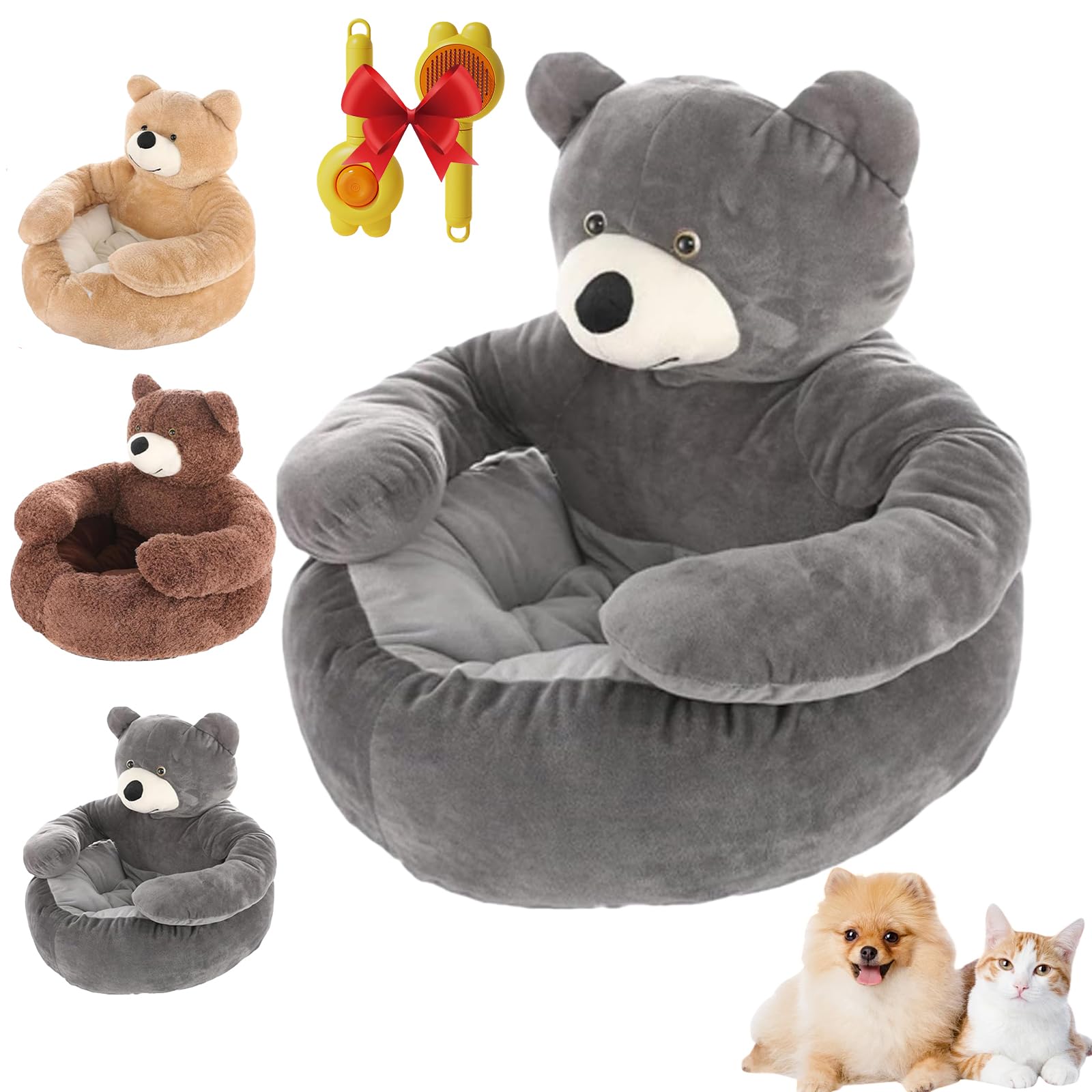 Teddy Bear Dog Bed with Arms, Bear Dog Bed,Cozy Fluffy Plush Cat Sofa Bed with Arms,Washable Cute Pets Sofa,Non-Slip Detachable Super Soft Plush Cuddle Bears Snuggle Nest,for Small CatDog (Gray,L)