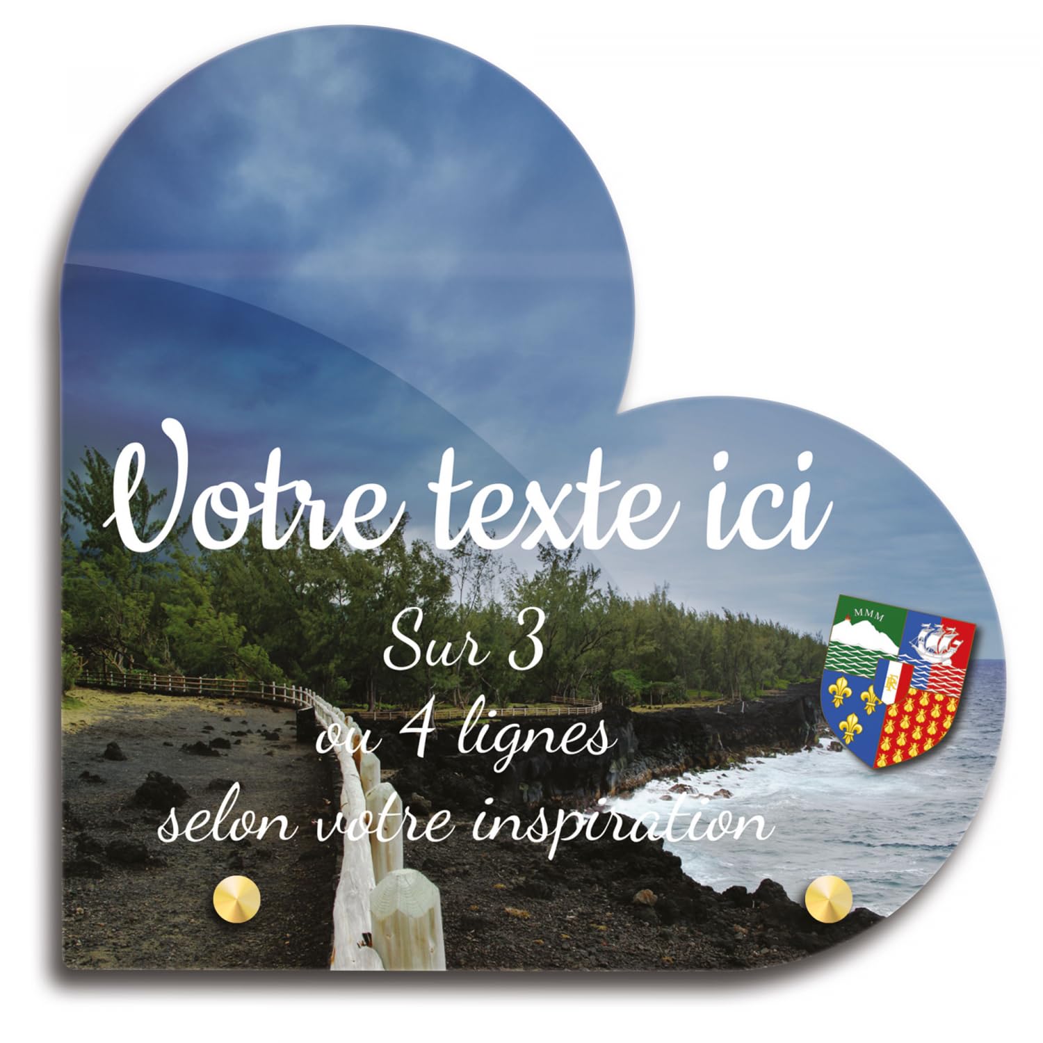 Targa funeraria cuore personalizzabile in plexi motivo regionale paesaggio la riunione, diverse dimensioni, spessore 6 mm, personalizzata su più linee, 20 x 20 cm