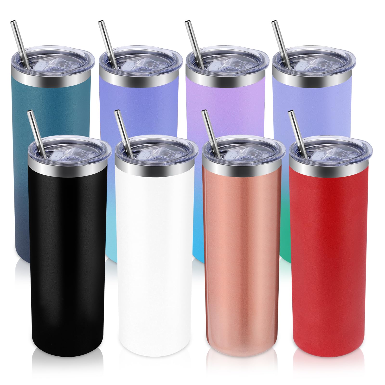 Volhoply 8 Pack Skinny Tumblers with Lid and Straw, 600ml (20oz) Stainless Steel Straight Tumbler Bulk, Vacuum Insulated Coffee Mug for Home, Office, Travel, DIY (Assorted,8 Pack)