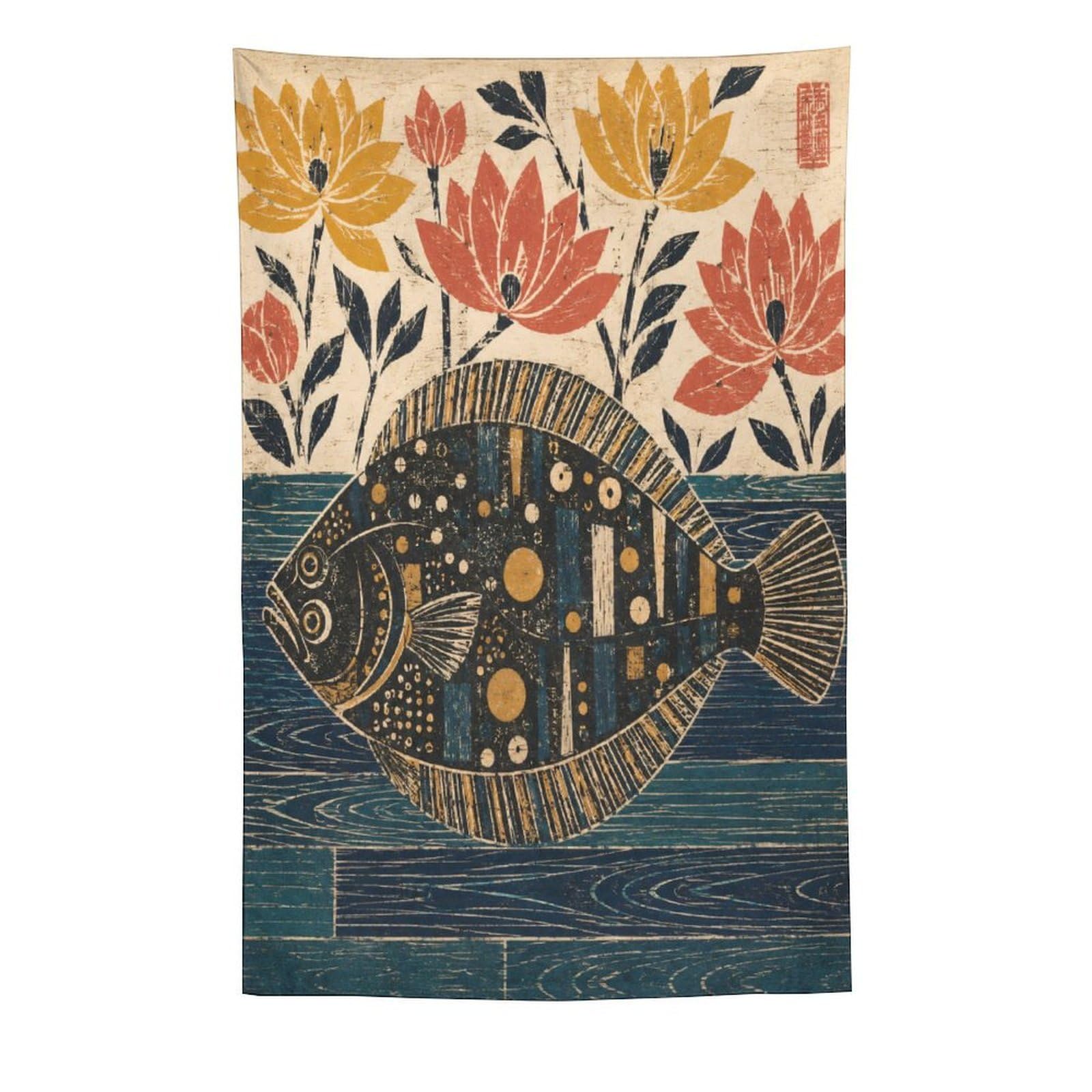 H3B8U2Y5 Folk Art Flounder Wall Tapestry, Realistic Illustration