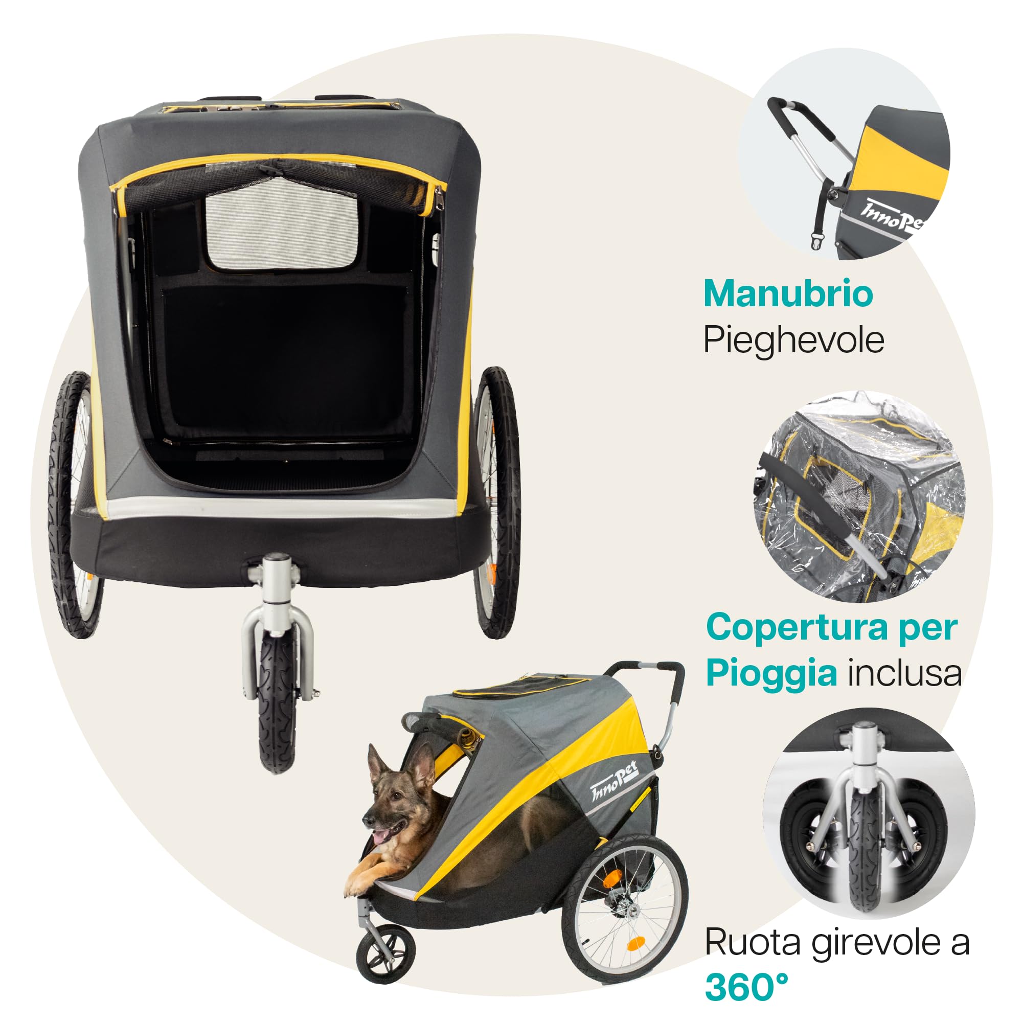 Innopet Hercules 2-in-1 Dog Stroller and Bike Trailer Giallo/Grigio - Passeggino per cani di grossa e rimorchio per bicicletta con barra di traino - Pneumatici da 20 pollici - Copertura antipioggia
