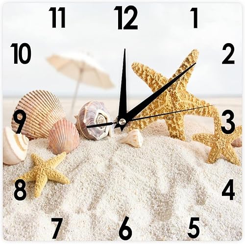 Reloj de pared, cuadrado silencioso, sin tictac, 10 pulgadas, reloj de madera de concha de mar, decoración del océano para sala de estar, baño,