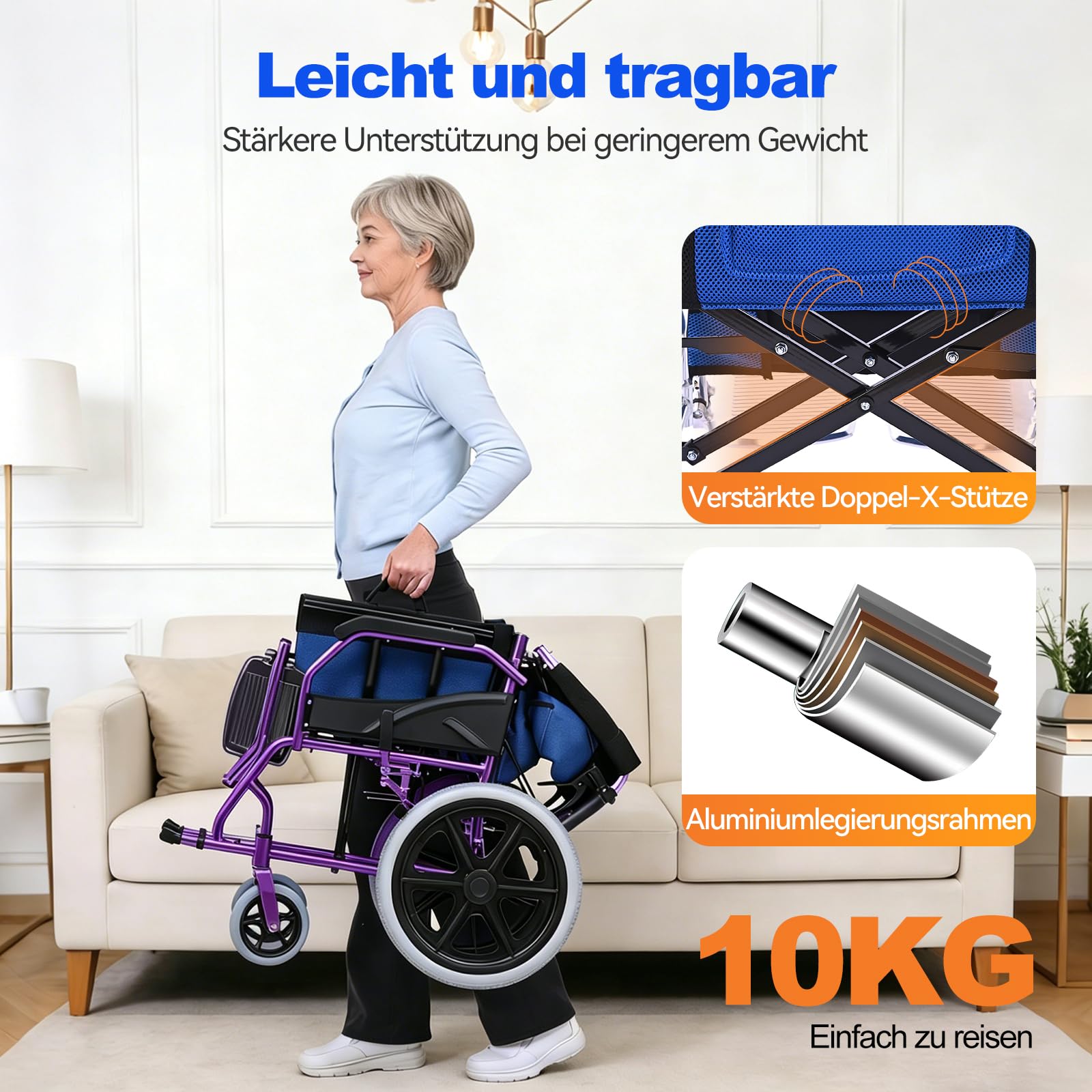 M3 Ultraleicht Rollstuhl Faltbar Leicht, Transitrollstuhl, Bremse an den Griffen Reiserollstuhl für Behinderteund Senioren, FuBstütze, Armlehnen, leicht, Sitzfläche 45 cm, Lila