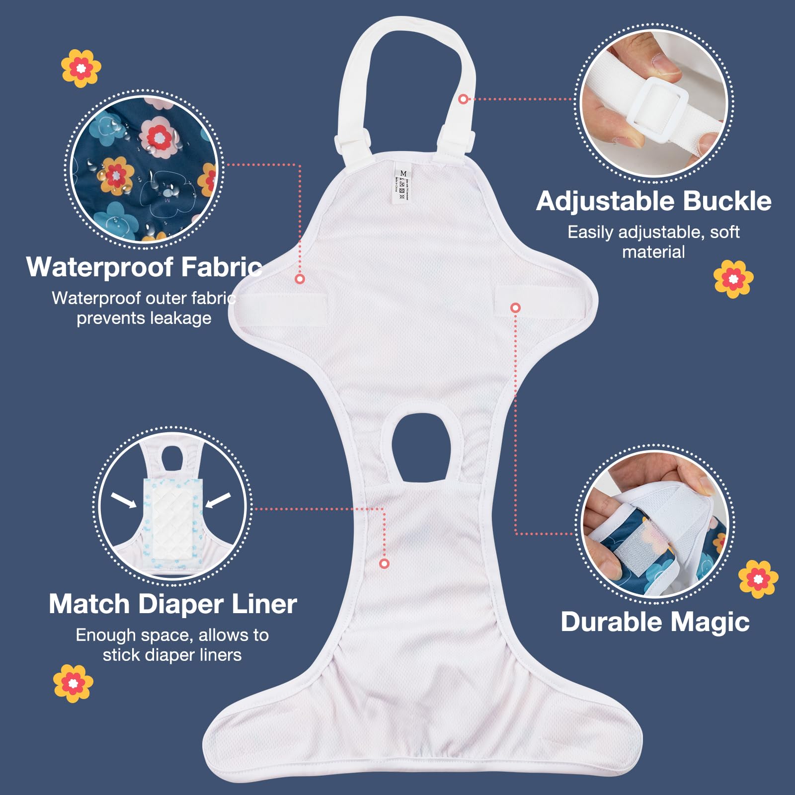 MICOOYO Pañal para perro, bragas sanitarias con tirantes ajustables, lavables, pañales para perritos, ropa interior para mascotas, pañales para perros hembras para el calor (floral, XL)