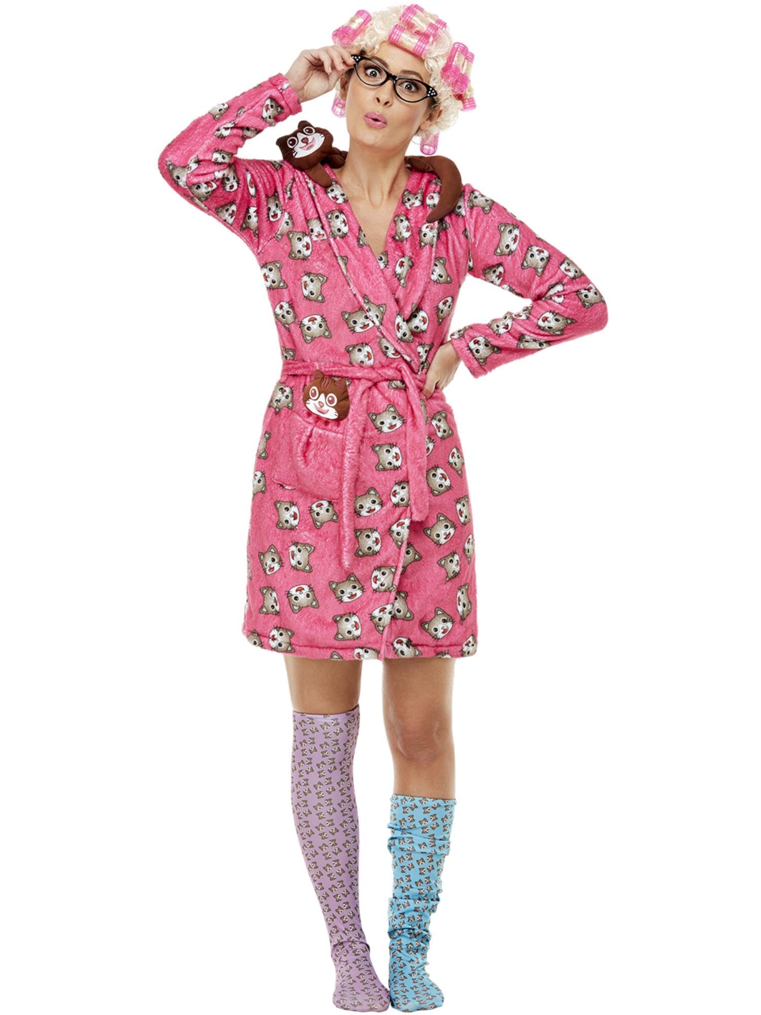 Smiffy's Disfraz de mujer amante de los gatos, vestido rosa y calcetines pantuflas, divertido disfraz de comedia