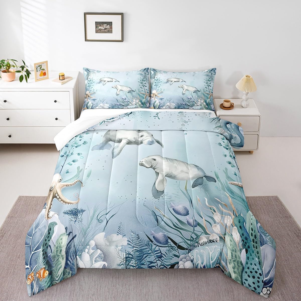Erosebridal Manatee Comforter Set Teal Blue Ocean Beach Coastal Twin Bedding Comforter Sets for Girls,Starfish Octopus Tentacles Quilt Underwater Creature Coral Duvet Insert,Kawaii Fish Room Decor