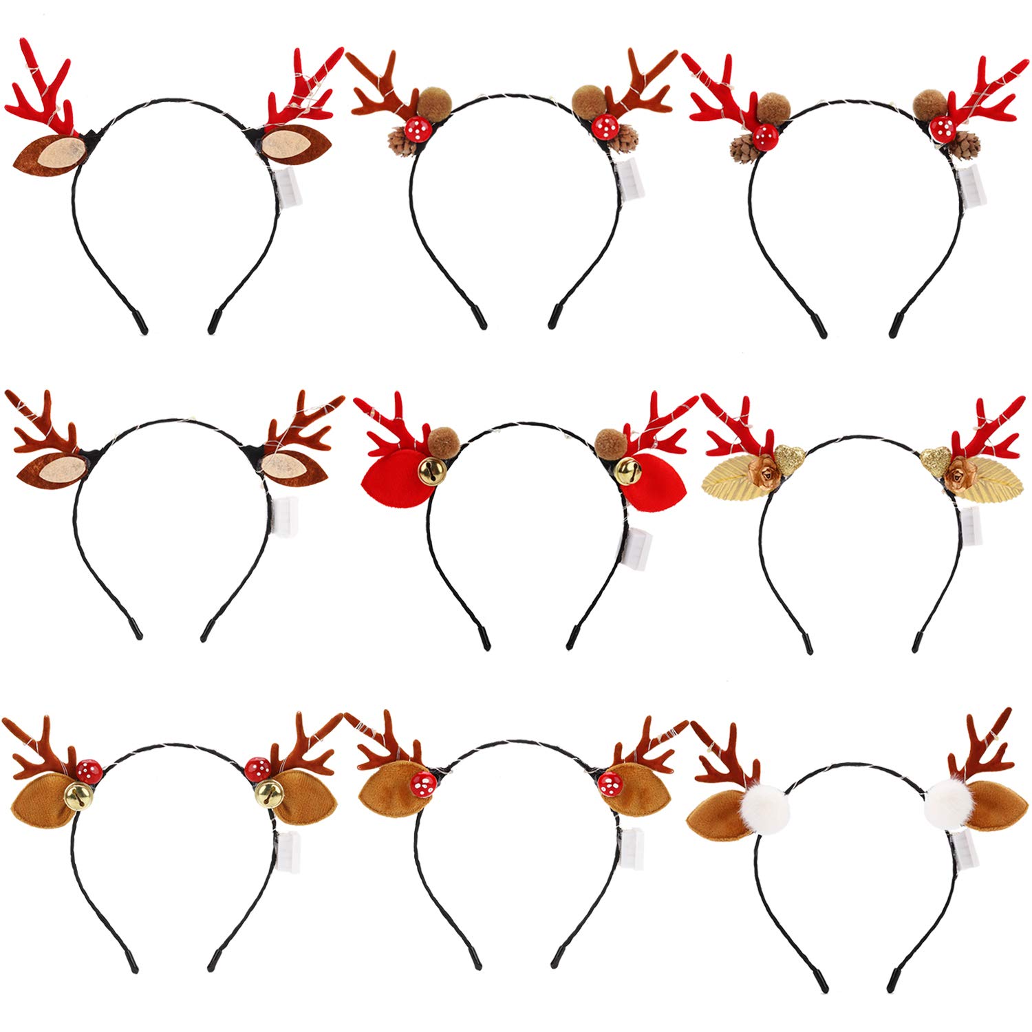 COSYOOLED Christmas Antler Headbands 9PCS Cute Light Up Reindeer Hairbands Hairhoop with Elf Ears Pine Cone Jingle Bells Halloween Christmas Party Decorations Hair Accessories for Girls Adults