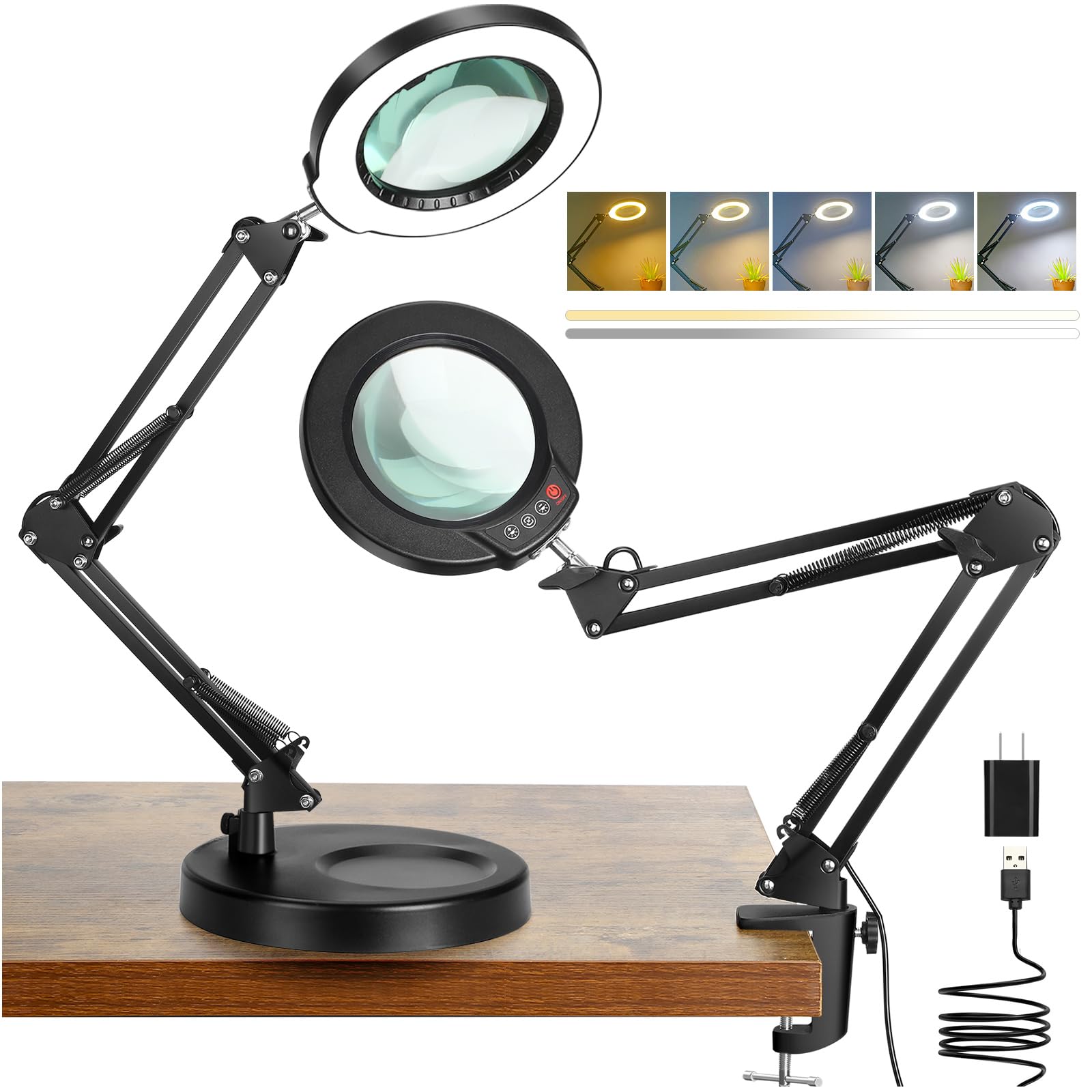 Coyeth 12-fache Lupe mit Licht und Ständer, 5 Farbmodi, stufenlos, dimmbar, 2-in-1 beleuchtete Lupe mit Klemme, LED-Schreibtischlampe, freihändig für Handwerk, Hobby, Lesen, Malen, Nähen, Naharbeit