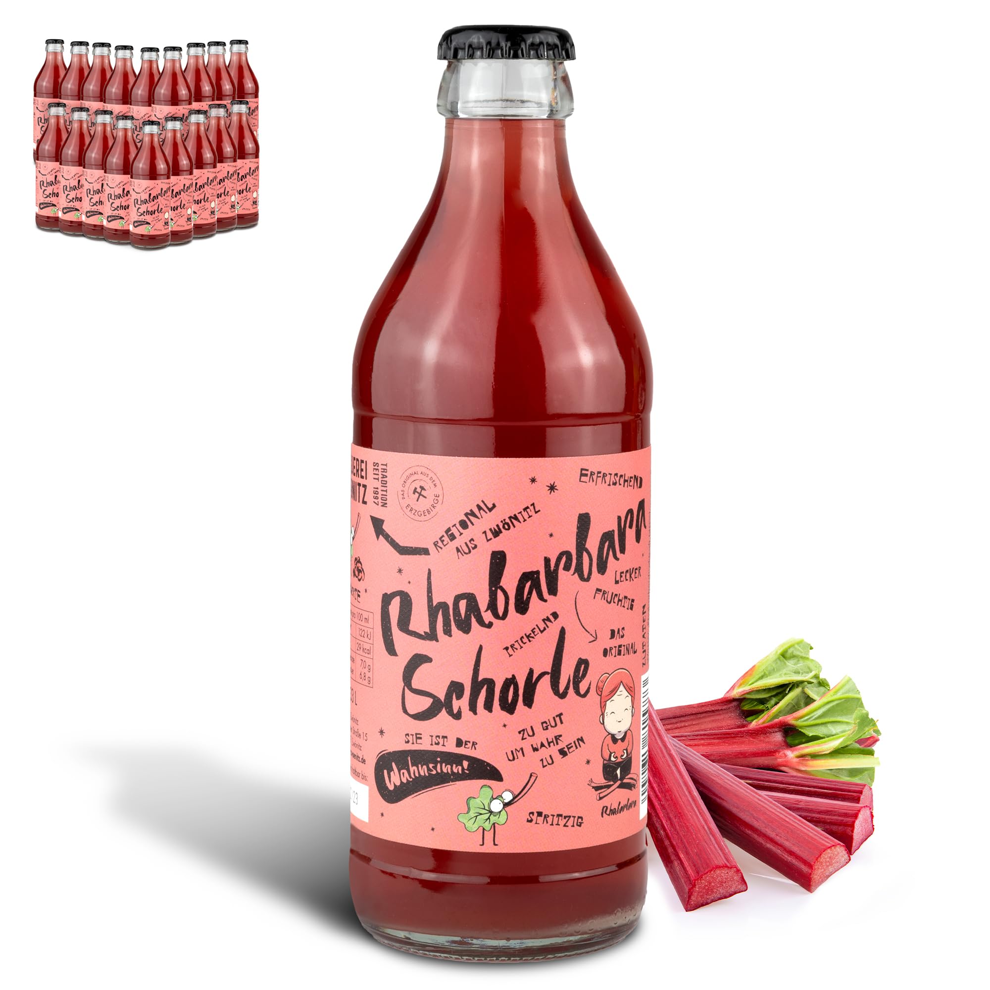 Brauerei Zwönitz Rhabarberschorle 18er Pack / 0,33 Liter Glasflaschen Rhabarbersaft Schorle/Erfrischende Rhabarber Limonade aus Sachsen
