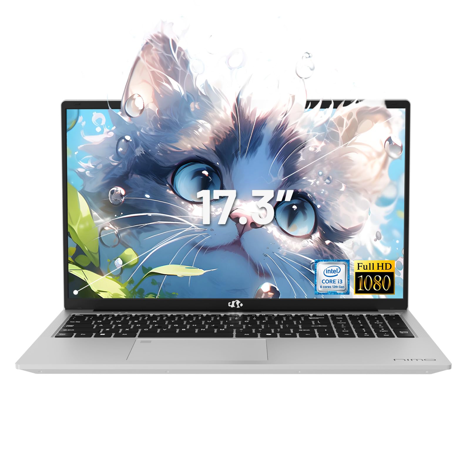 NIMO 17.3" IPS FHD-Laptop, Intel 6 Cores i3-1215U 16GB RAM 256GB SSD (Beat Ryzen 5 7520U, Up to 4.4GHz) Computer with 65W GaN Type C Backlit Keyboard Fingerprint, for Home Student and Business Silver
