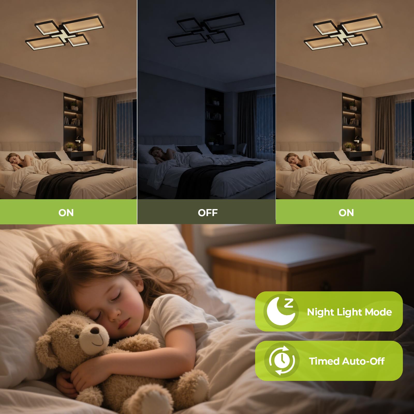 OTREN Lampa sufitowa LED z pilotem zdalnego sterowania, 82 cm 60 W, 3000 K–6500K, lampka nocna, timer, funkcja pamięci, nowoczesna lampa do salonu, sypialni, kuchni, czarna