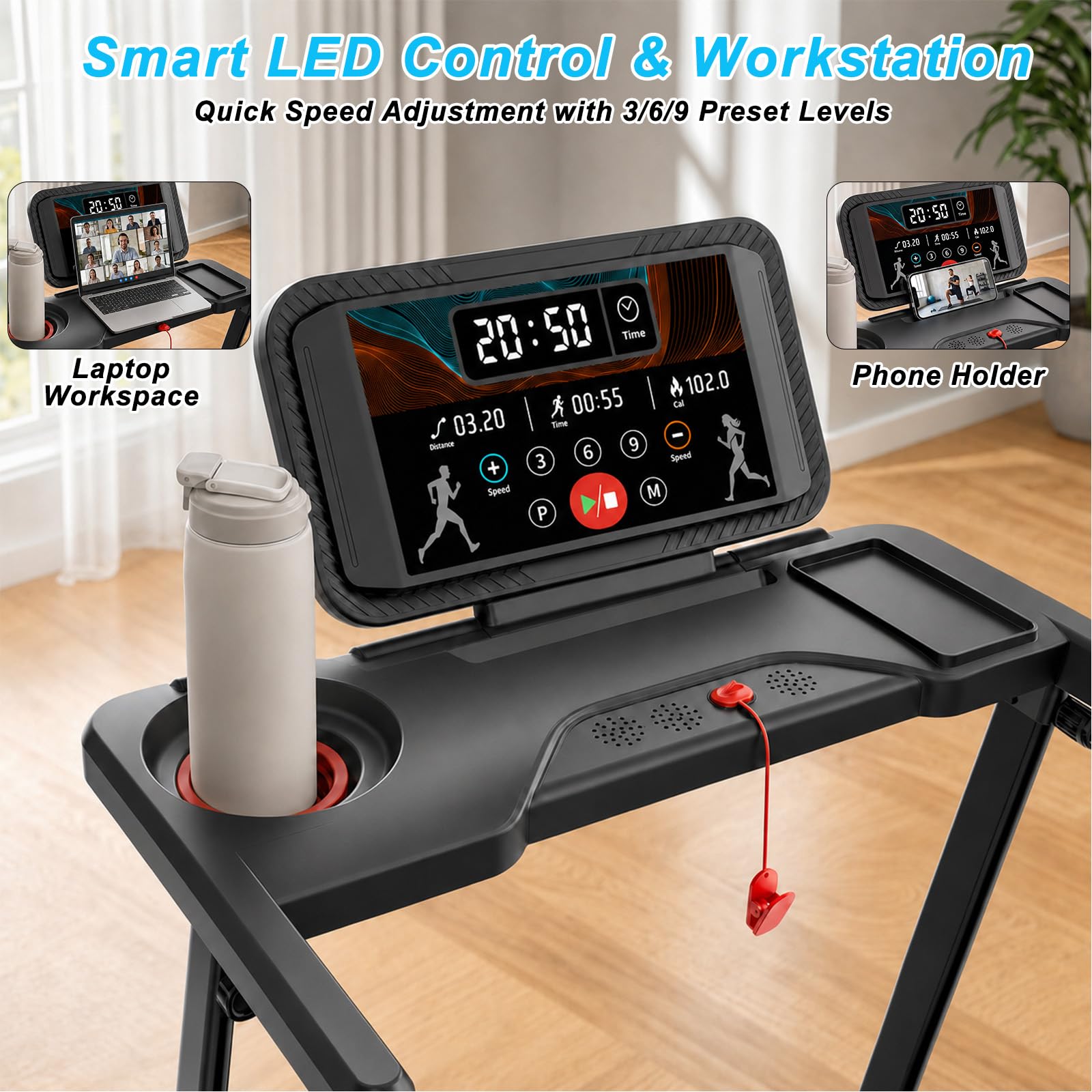 Drgymlee składana bieżnia do domu, bieżnia 12 km/h z nachyleniem 5,2%, cichy silnik 2.5HP, wyświetlacz LED, pas biegowy 105×42 cm, amortyzacja 5-warstwowa, udźwig 136 kg