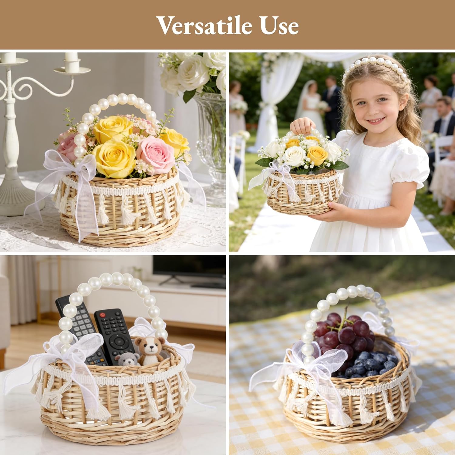 2Pcs Wicker Rattan Flower Girl Basket, Handwoven Wicker Baskets with Pearl Handle and Tulle Bow, Small Floral Storage Baskets for Weddings, Bridal, Home Decor, Picnics and Events