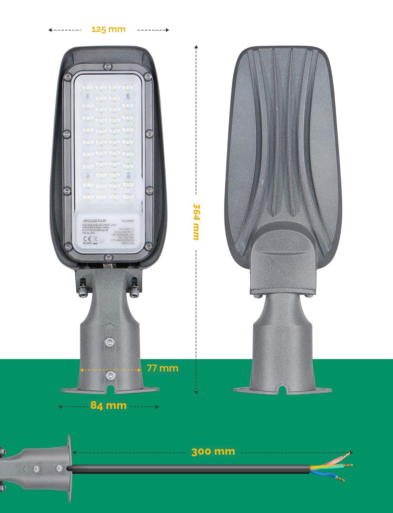 Aigostar 30W Lampione LED, 2550LM Luce stradale a LED 6500K IP65 impermeabile IK08 Per Parcheggio luce per Strada Scuola, parcheggio, campo da basket, cortile, piazza, 2 Unità