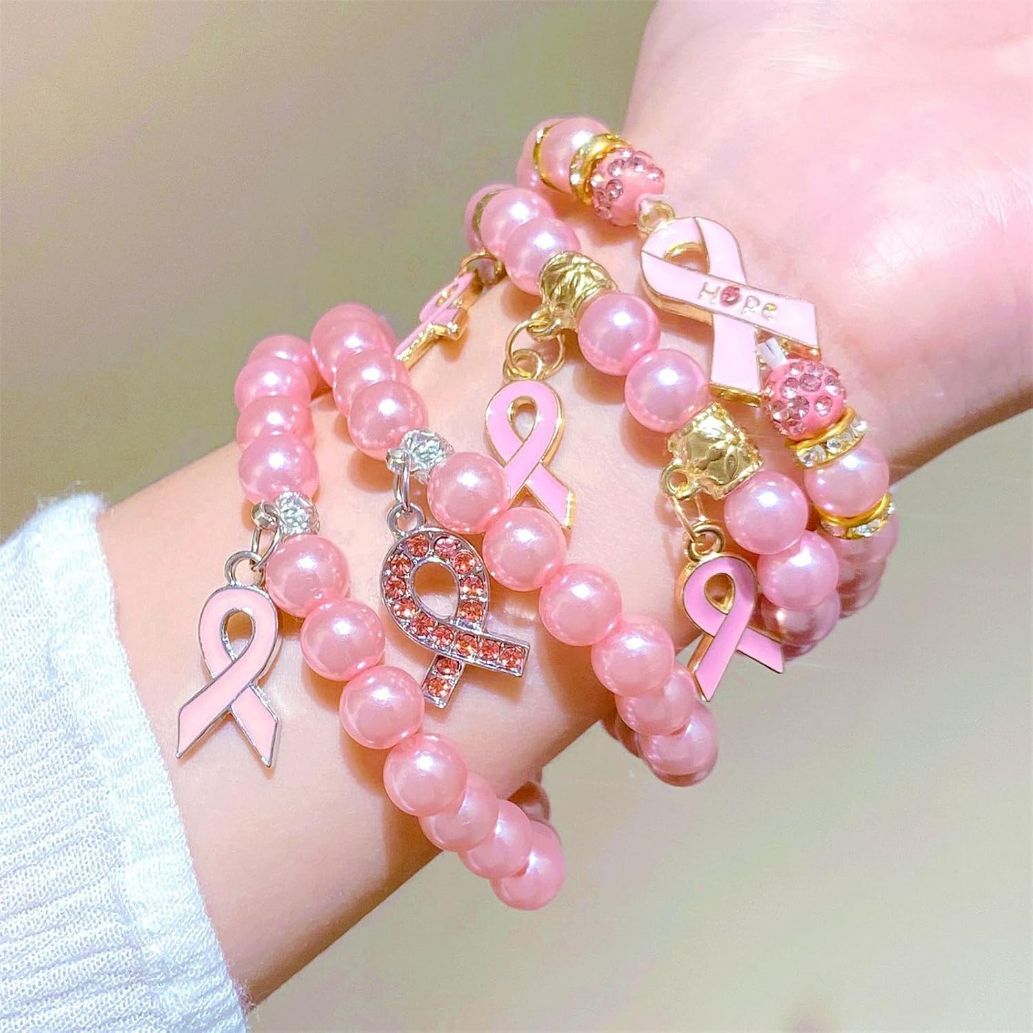 Breast Cancer Bracelets for Women Charm Pink Ribbon Beads Accessories Stretch Handmade Bracelet Cancer Awareness Encouragement Bracelet Jewelry Gifts - Image 4