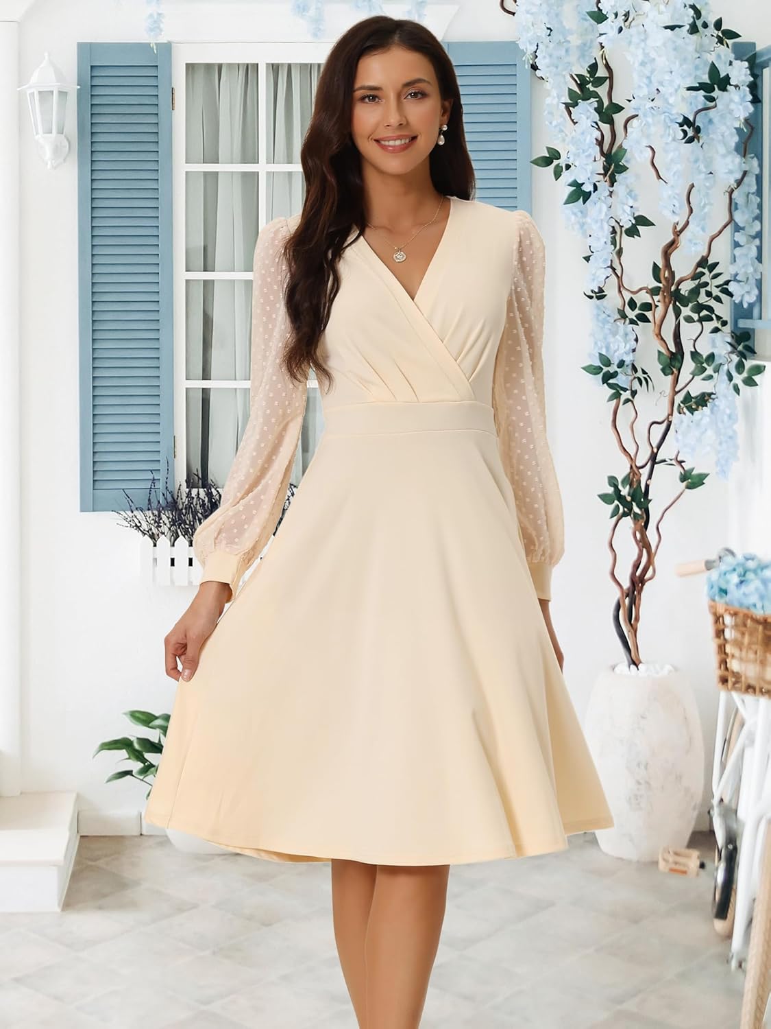 Seta T Women's Long Sleeve Wrap Dresses V Neck Elegant Cocktail Party Work Knee Length Dress with Pockets - Image 2