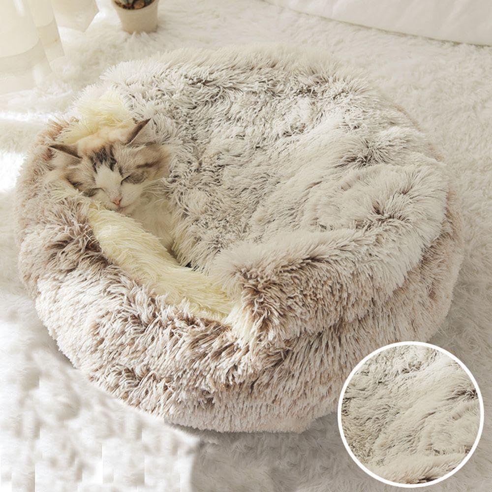 Cat Bed Round Fluffy Hooded Cat Bed Cave, Anti-Anxiety Cave Bed with Hooded Blanket, Cozy Cuddler Luxury Puppy Pet Bed, Anti-Slip Bottom and Machine Washable (Coffee, Large)