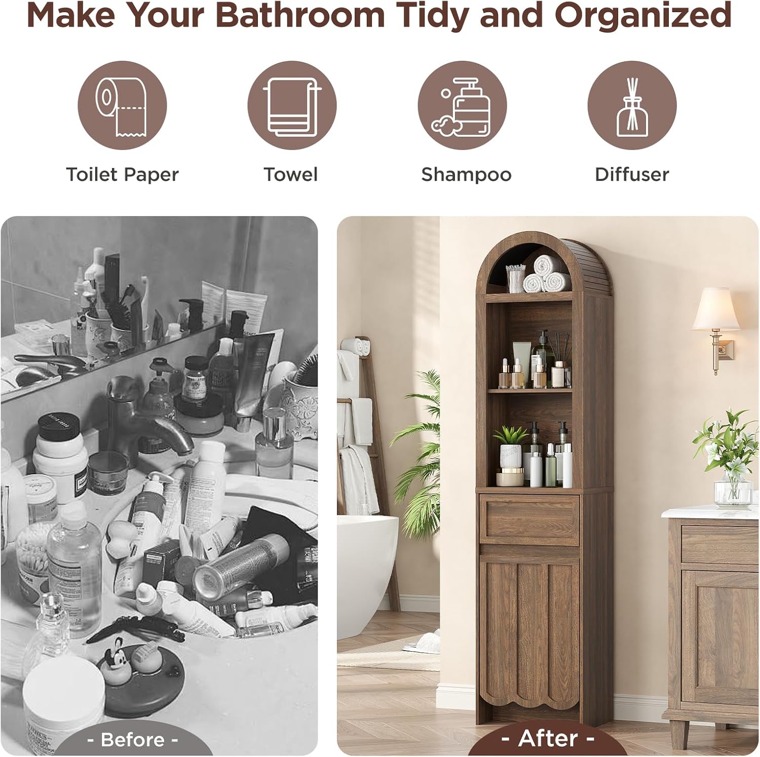 Vabches Tall Storage Cabinet with Arched Fluted Top, 67” Tall Bathroom Storage Cabinet with 2 Open Drawers and Adjustable Shelves, Space Saving Organizer for Living Room, Kitchen, Brown