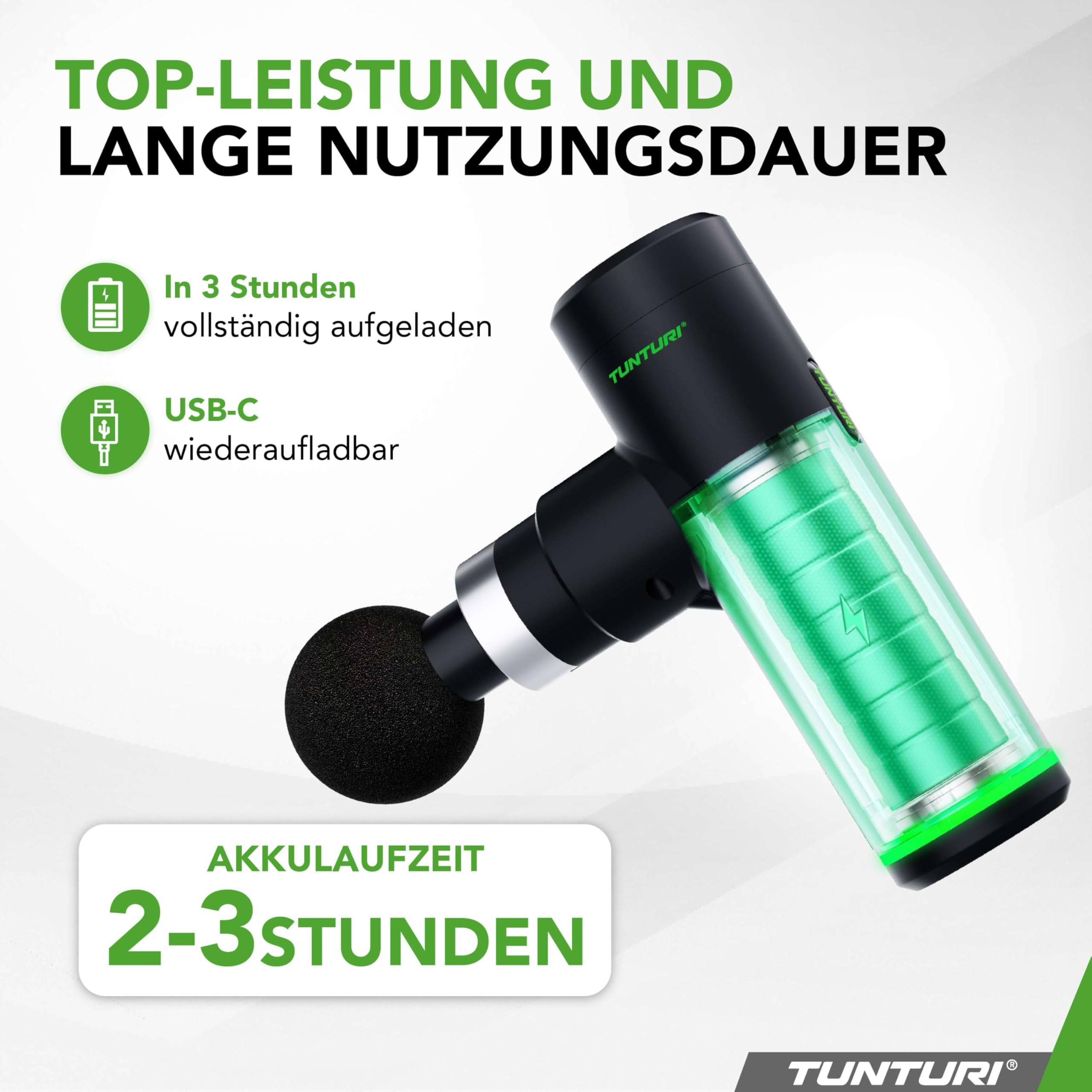 Tunturi MG30 Massagepistole Mini, Taschenformat, ultraleise Massage Pistole, Massage gun, Entspannung und Massage, Massagegerät mit 6 Geschwindigkeiten, 4 Kopfstücke