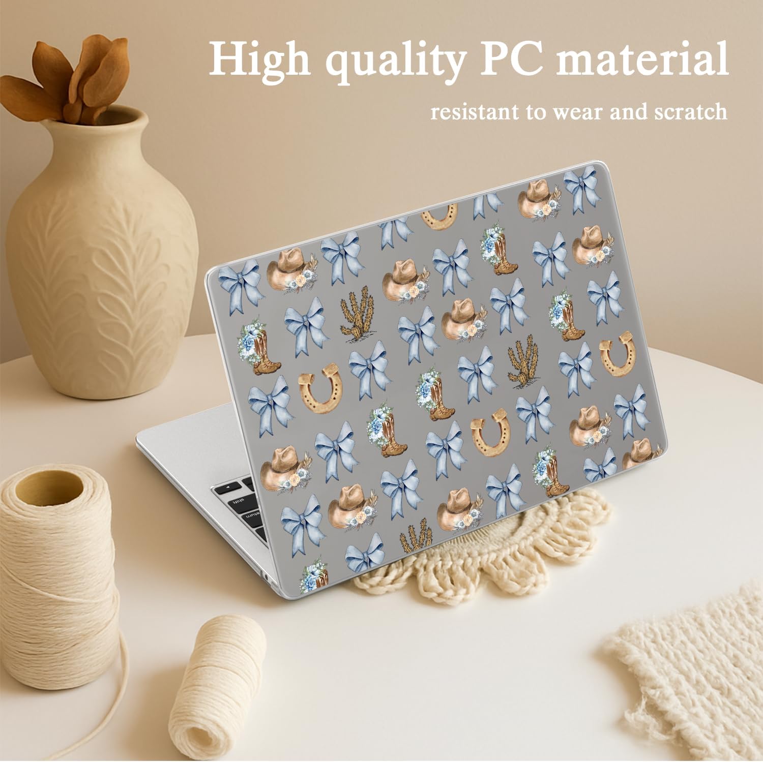 Cute Blue Bow Cowboy Case for MacBook Air 13 Inch Case 2022 2021 2020 2019 2018 Aesthetic Western Print Plastic Hard Shell Touch Id A1932 A2179 M1 A2337 Stylish Girl Slim Protective Case