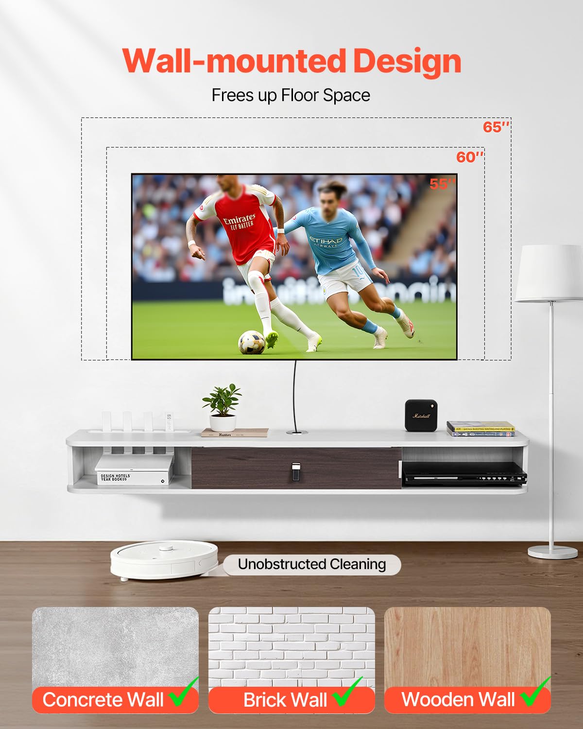VEVOR Meuble TV flottant 140 cm console multimédia murale avec passe-câbles étagère TV moderne panneaux de particules blanc
