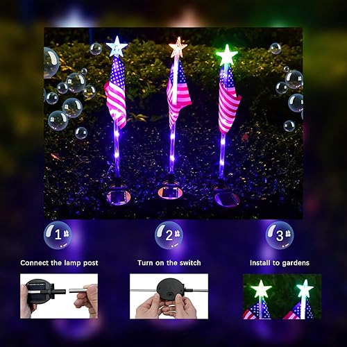 Miniatura 4 de HENHUI Paquete de 4 luces solares decorativas para el 4 de julio, luces solares de bandera estadounidense, luz de jardín, luz de camino para el día