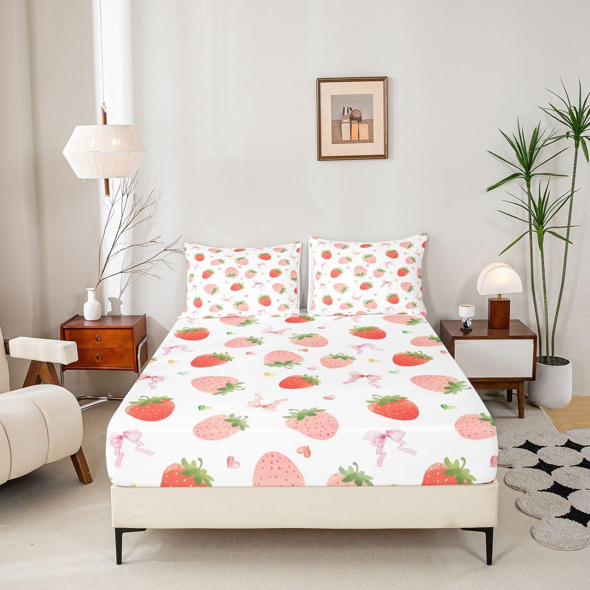 Erosebridal Strawberry Bed Sheets Full Pink Bowknot Sheet Set, Heart Pattern Soft Lightweight Bedding Set, Dreamy Kawaii Fitted Sheet with Deep Pocket