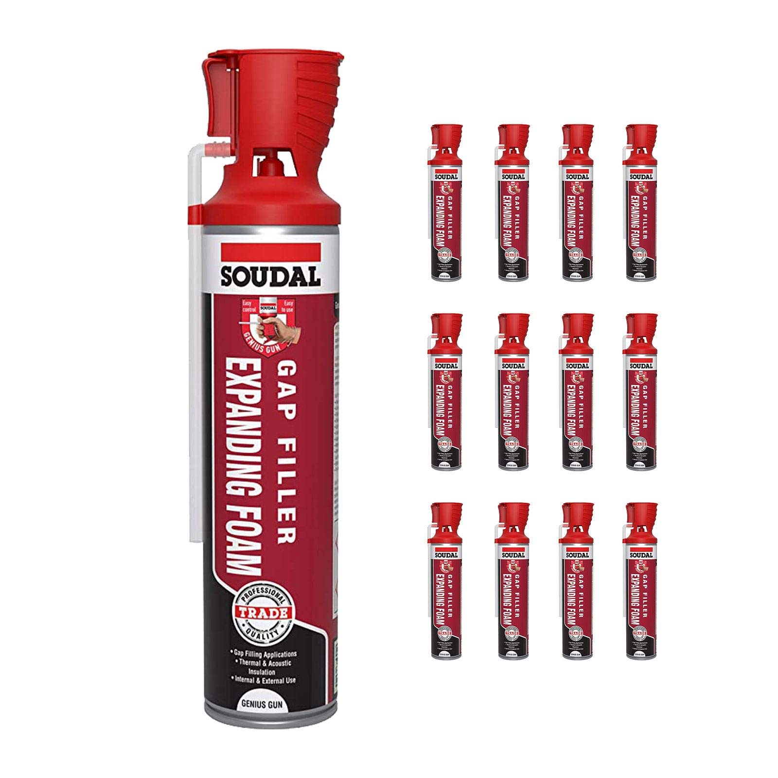 12 x Soudal Genius Gun Gap Filler Expanding Foam 600ml PU Polyurethane Foam Can
