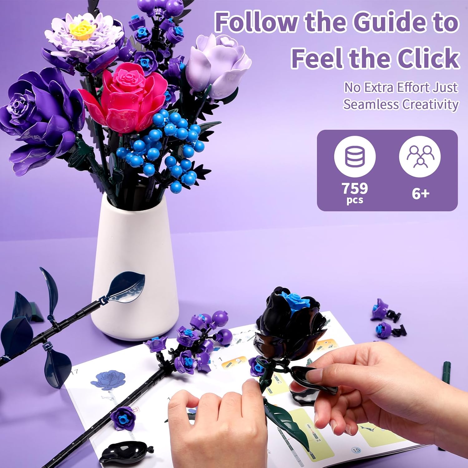 759 Pcs Purple Rose Flower Bouquet Building Set, Botanical Collection Kit Artificial Fake Flowers Blocks, Home Table Decor Aesthetic for Valentine's Day Birthday, DIY Craft, Floral Gift Without Vase