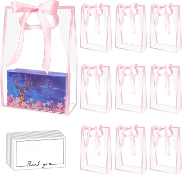 15Pack Clear Plastic Gift Bags with Handle,Reusable PP Gift Wrap Tote Bags with Ribbon for Wedding Bridal Birthday Party Baby Shower Goodies Graduation Shopping Business, 7x10x3.15 Inch Pink