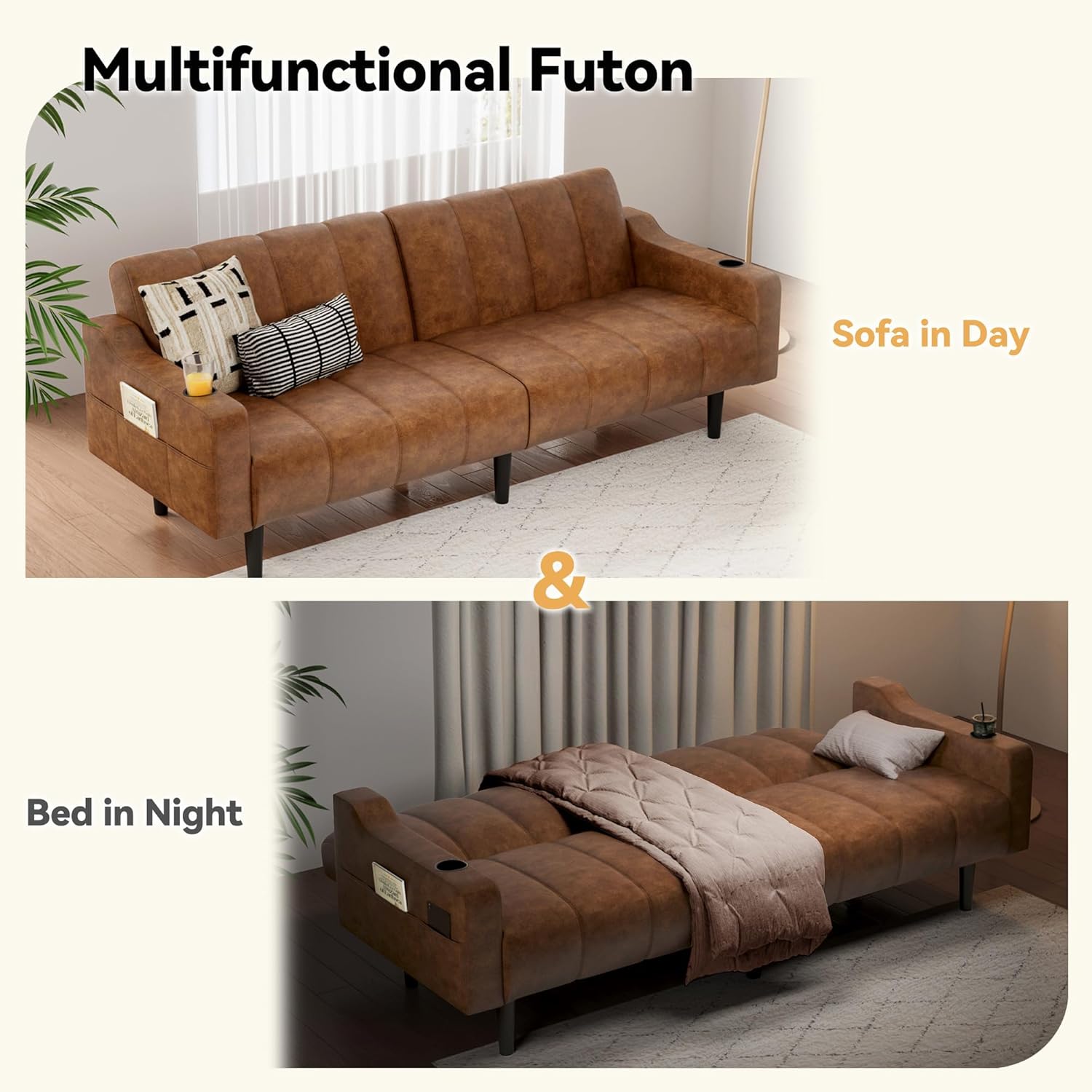 Chfeloai 80'' Futon Sofa Bed, Faux Leather Sleeper Couch, Convertible Loveseat with Adjustable Sofa Backrest, Modern Couches for Living Room, Bed Room, Apartment, Office (Brown)