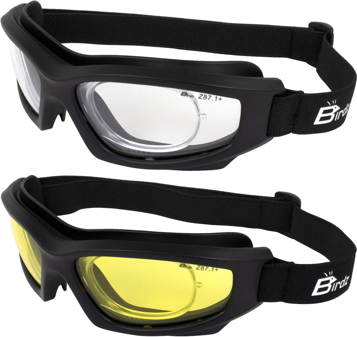 Birdz Eyewear Flyer Safety Skydiving Extreme Sports Safety Goggles 2 Pairs Clear & Yellow Lenses with Rx Adaptor
