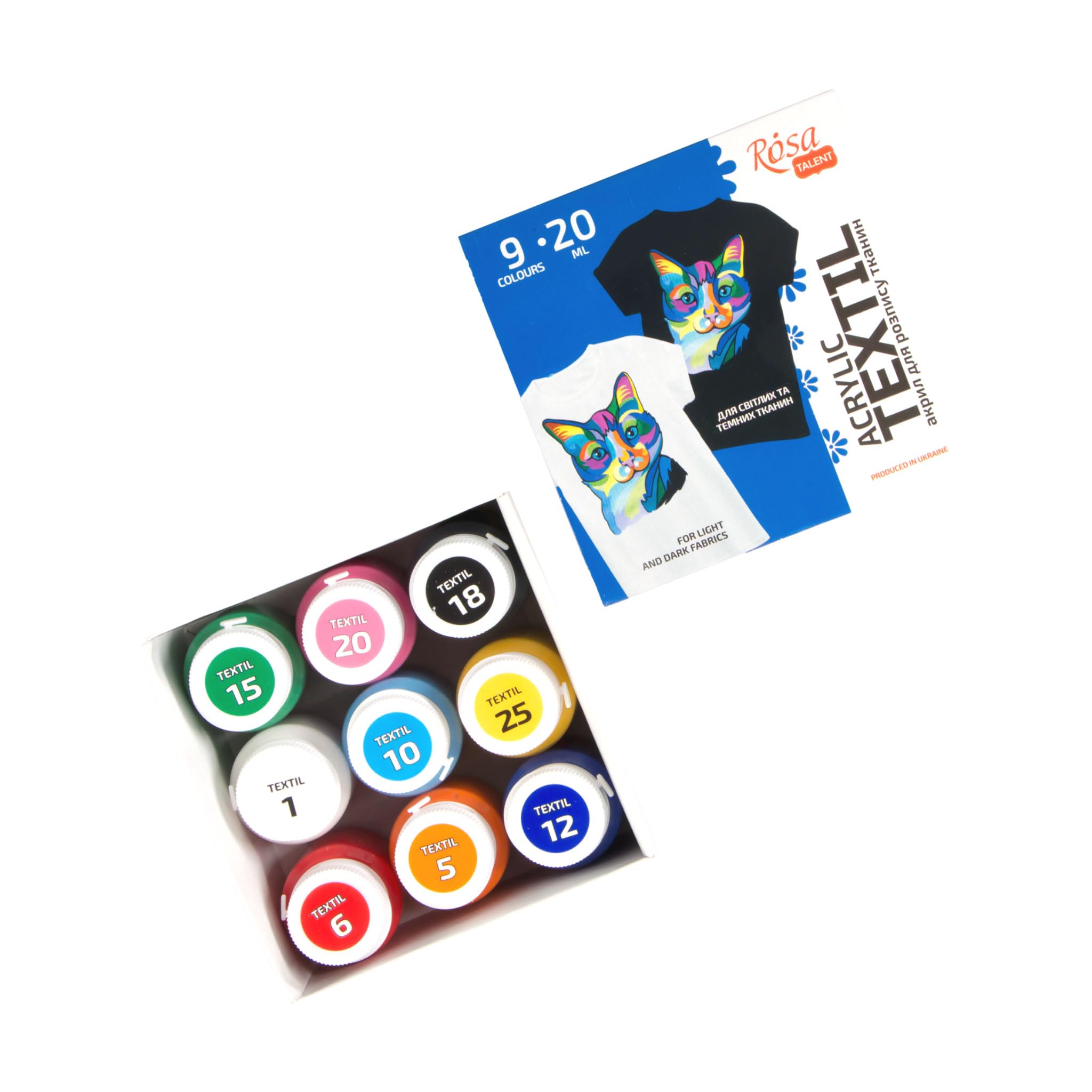 ROSA TALENT Acrylic Textile Paint Set - 20ml/0.68oz Bottles - High Hiding Power for Light & Dark Fabrics - Permanent & Washable Fabric Paint for Clothes & Accessories (9)