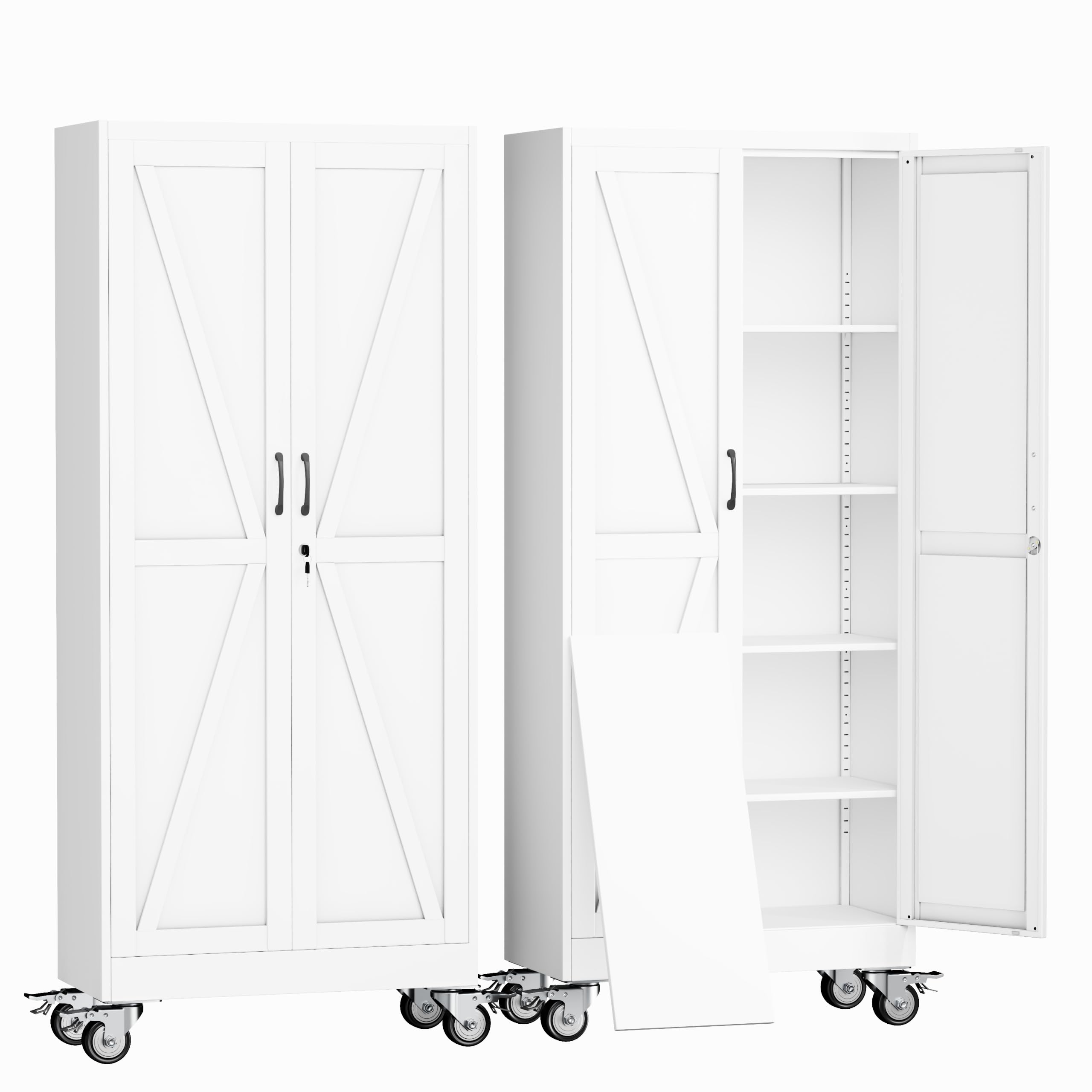 erosoe 71" H Metal Garage Storage Cabinet, Rolling Tool Cabinet with 2 Doors and Wheels, Locker Steel Cabinet with 4 Adjustable Shelves, Organization Cabinet for Garage,Office,Home,Gym,School-White