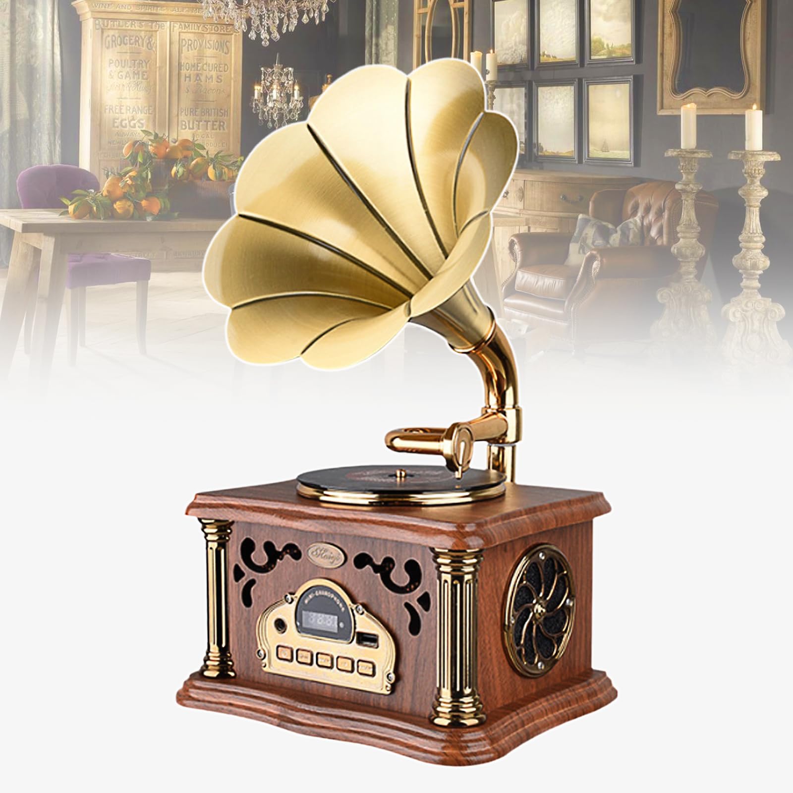 Głośnik I Odtwarzacz Muzyczny Bluetooth W Stylu Retro Z Radiem Fm, Kształt Gramofonu, Ozdoby Do Domu Wykonane Z Miedzi I Litego Drewna, Obsługuje Wejście Dysku U,Brown