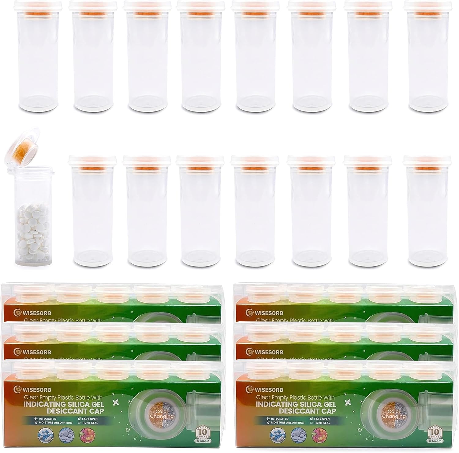 Wisesorb Pill Bottle with Desiccant Cap, Medicine Bottle, Pill Bottles Empty with Caps, Empty Pill Bottles (8 Dram, 60 Pack)