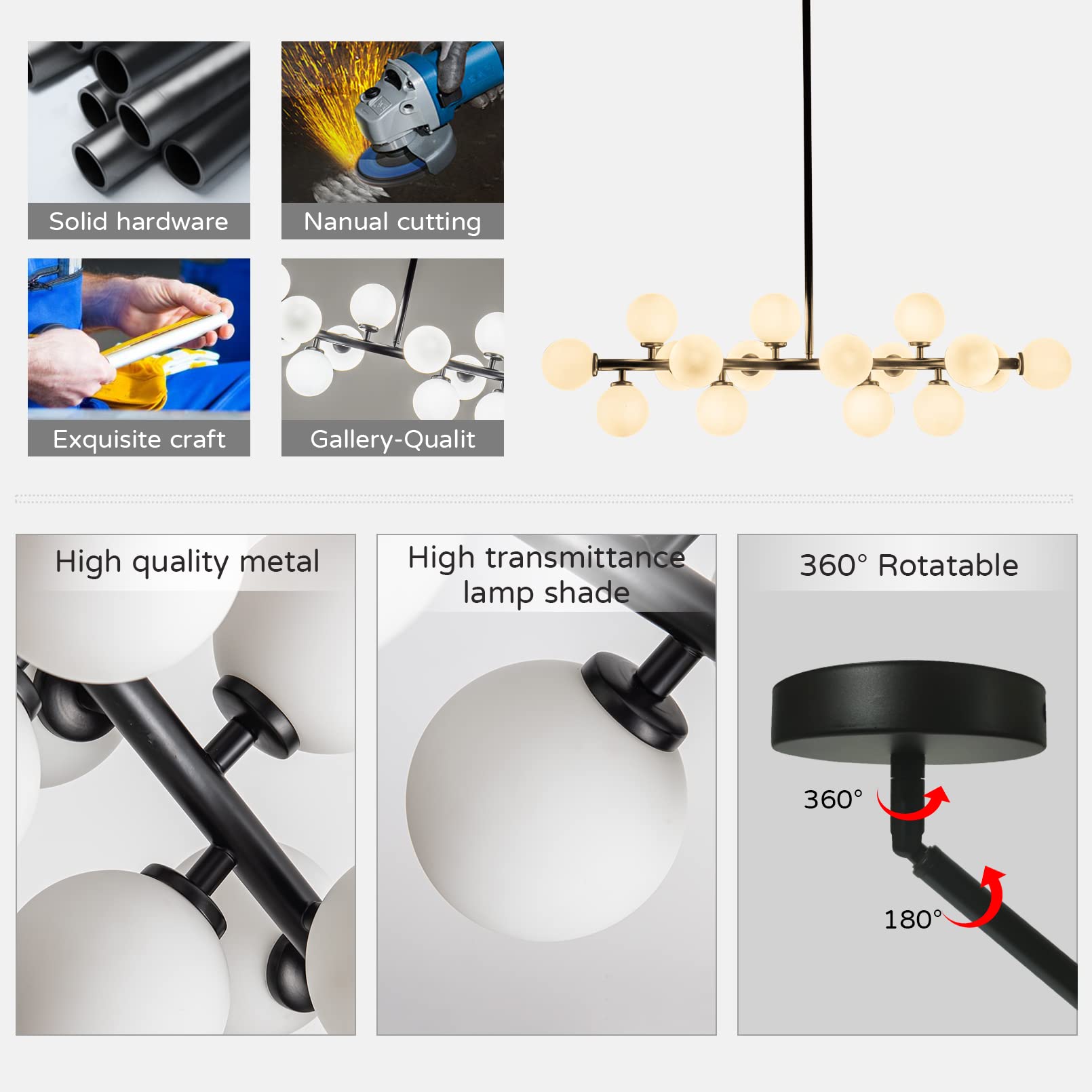 Mid Century Modern Chandelier Linear Chandeliers 16-Light Black Pendant Lighting Fixture for Dining Room, Kitchen