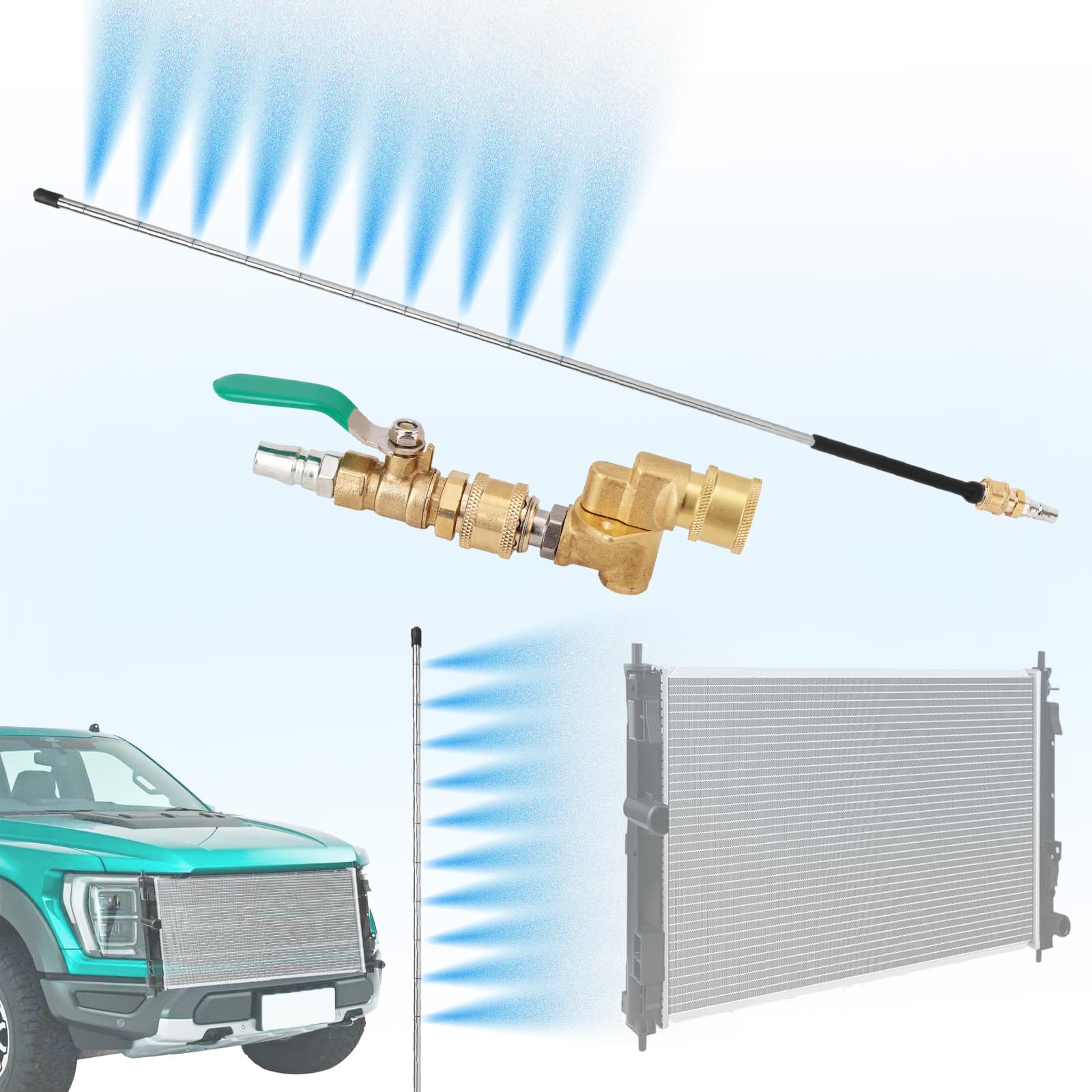 Kit Asta Pulizia Radiatore, Asta 57cm con 5 Giunzioni Angolate Interruttore Valvola Spazzola Strumento Pulitore Radiatore per Auto Camion Pulitrice a Pressione Pompa Aria Pressione Risciacquo
