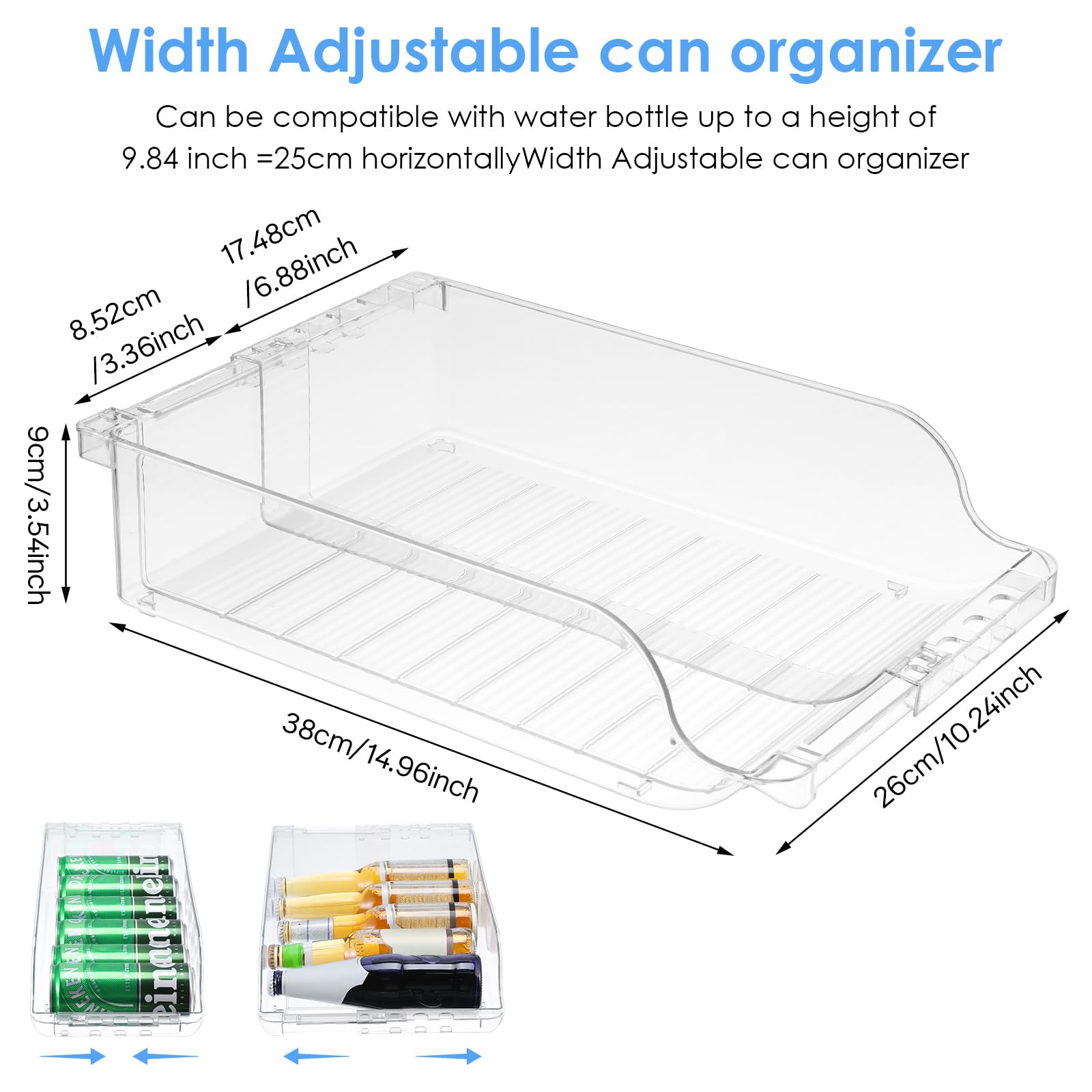 Paquete de 2 organizadores de latas de refrescos de ancho transparente ajustable para refrigerador, dispensador de latas de refresco expandible para cerveza, refrescos, seltzer, pop, organizador para