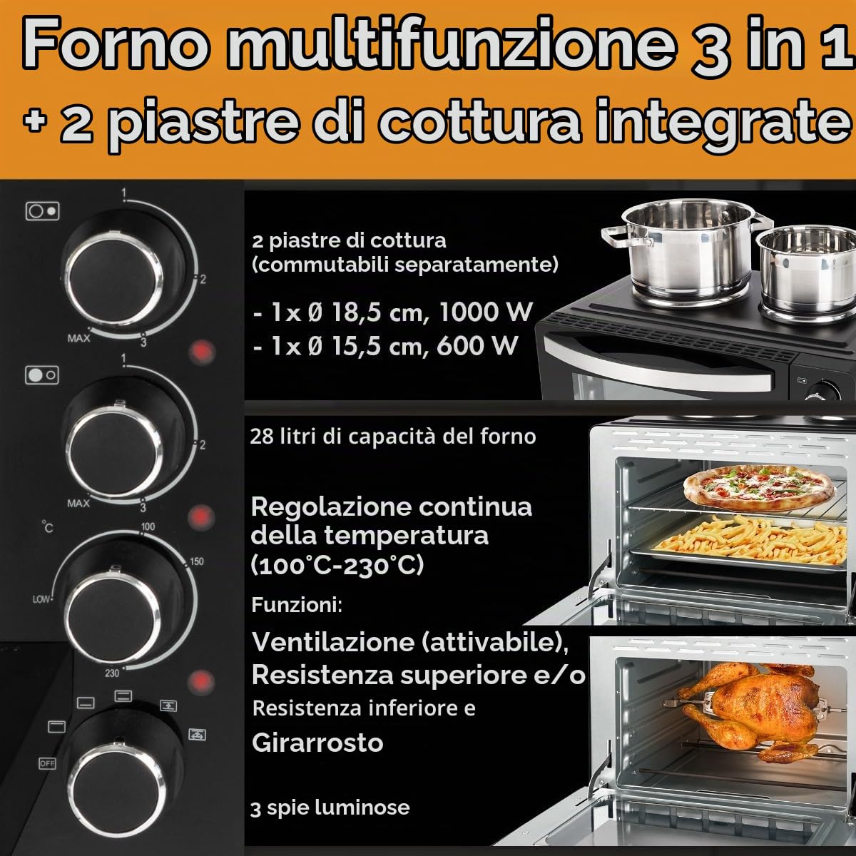 Clatronic® Mini forno con piastre e spiedo rotante - cottura e cottura simultanea - 28L convezione calore superiore/inferiore 100°-230°C, mini forno elettrico 3100 Watt incl. accessori - KK 3786