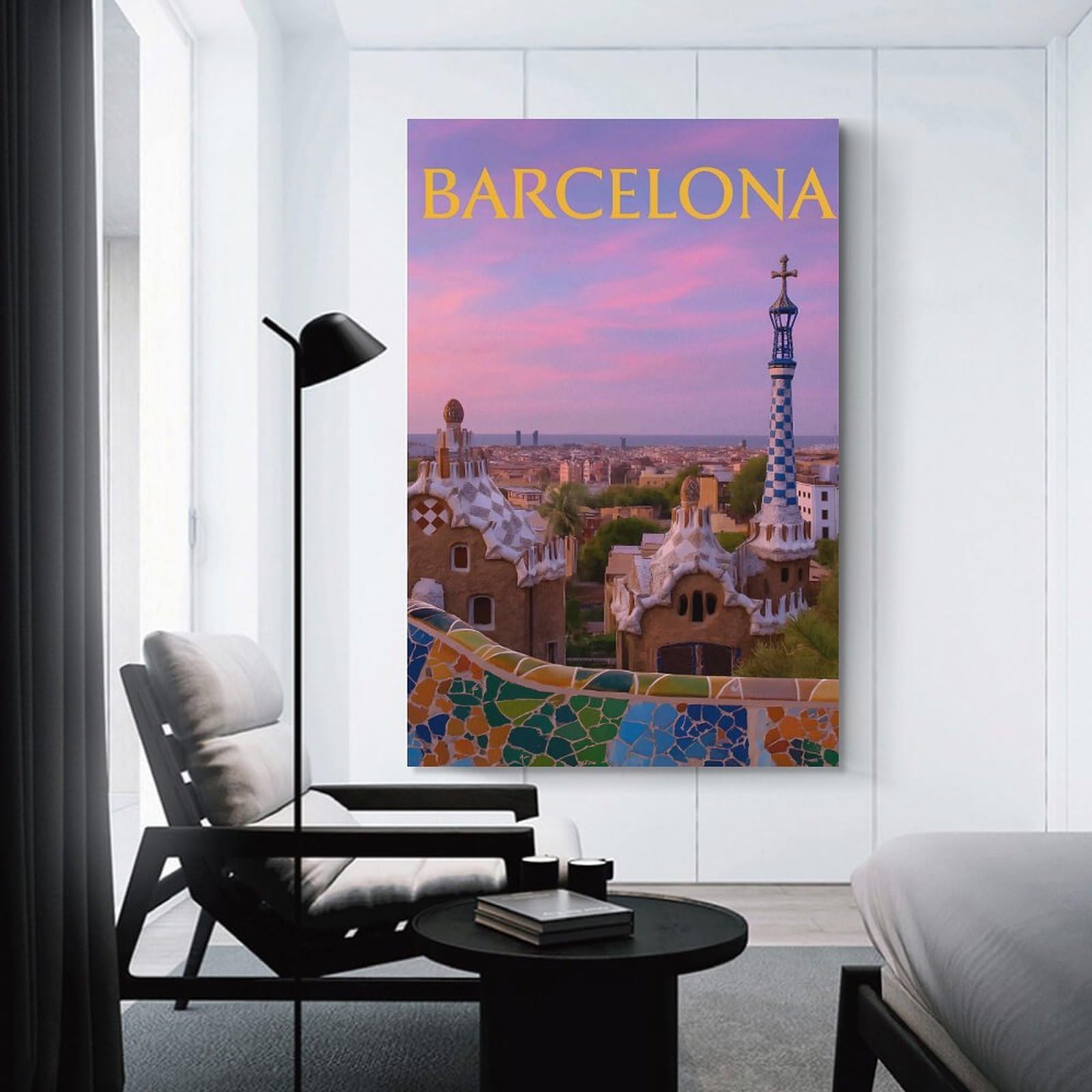 Junmoney Wall Decor Canvas Print Barcelona Park Güell at Sunset, 08x12inch(20x30cm), for Home Lounge, Bedroom Or Reading Nook, Canvas Styling for A Polished Room Look