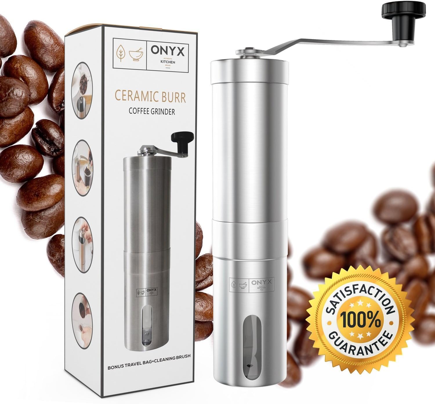Ceramic Burr Coffee Bean Grinder - Aeropress Compatible - Includes Bonus Carry Bag and Cleaning Brush - Eco Friendly - Stainless Steel Body, Manual, Portable, Adjustable Grind Settings