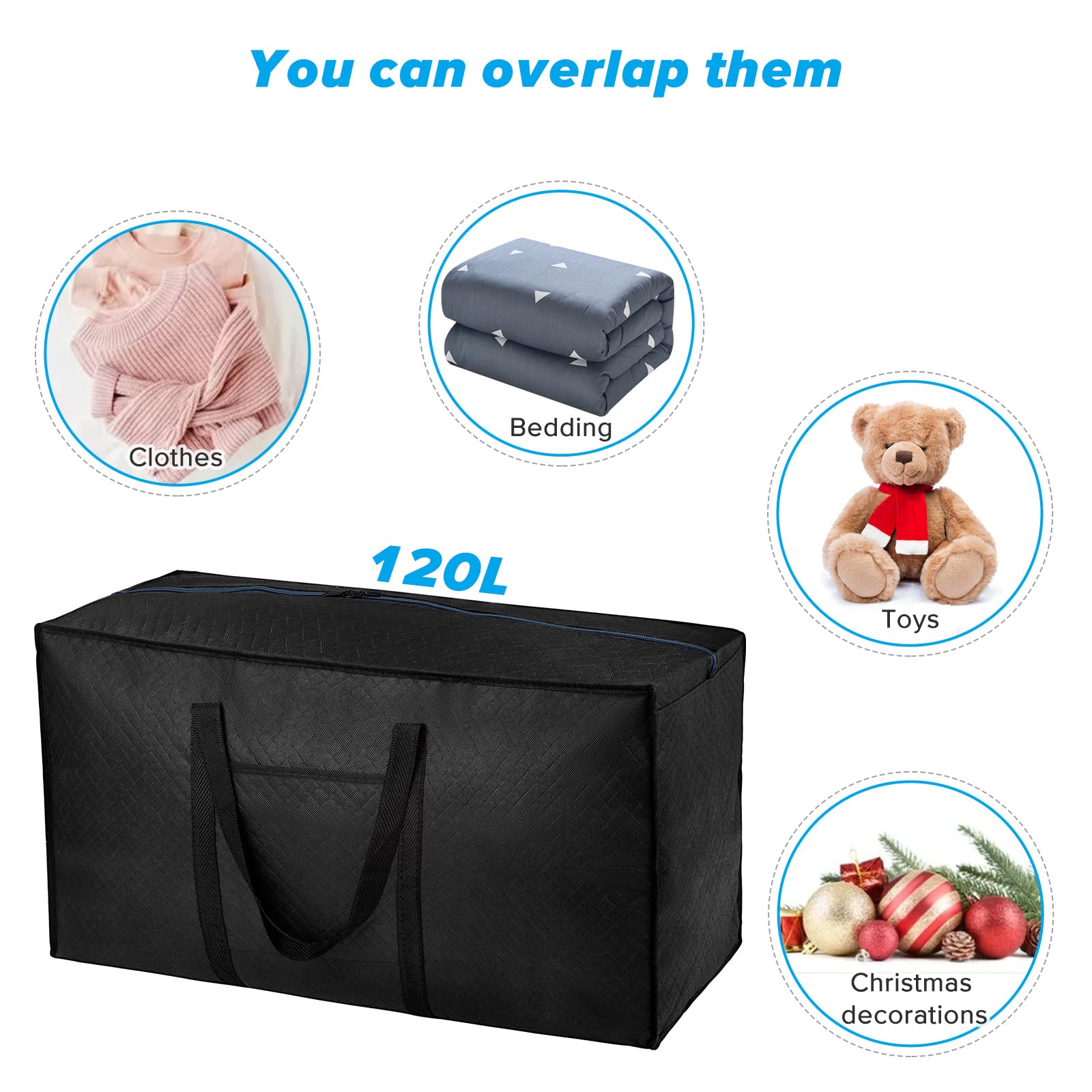 iespell Lot de 6 grandes boîtes de déménagement de 120 l avec couvercle, sacs de rangement, robustes avec fermetures éclair et poignées pour déménagement, vêtements, couettes, sous le lit, voyage
