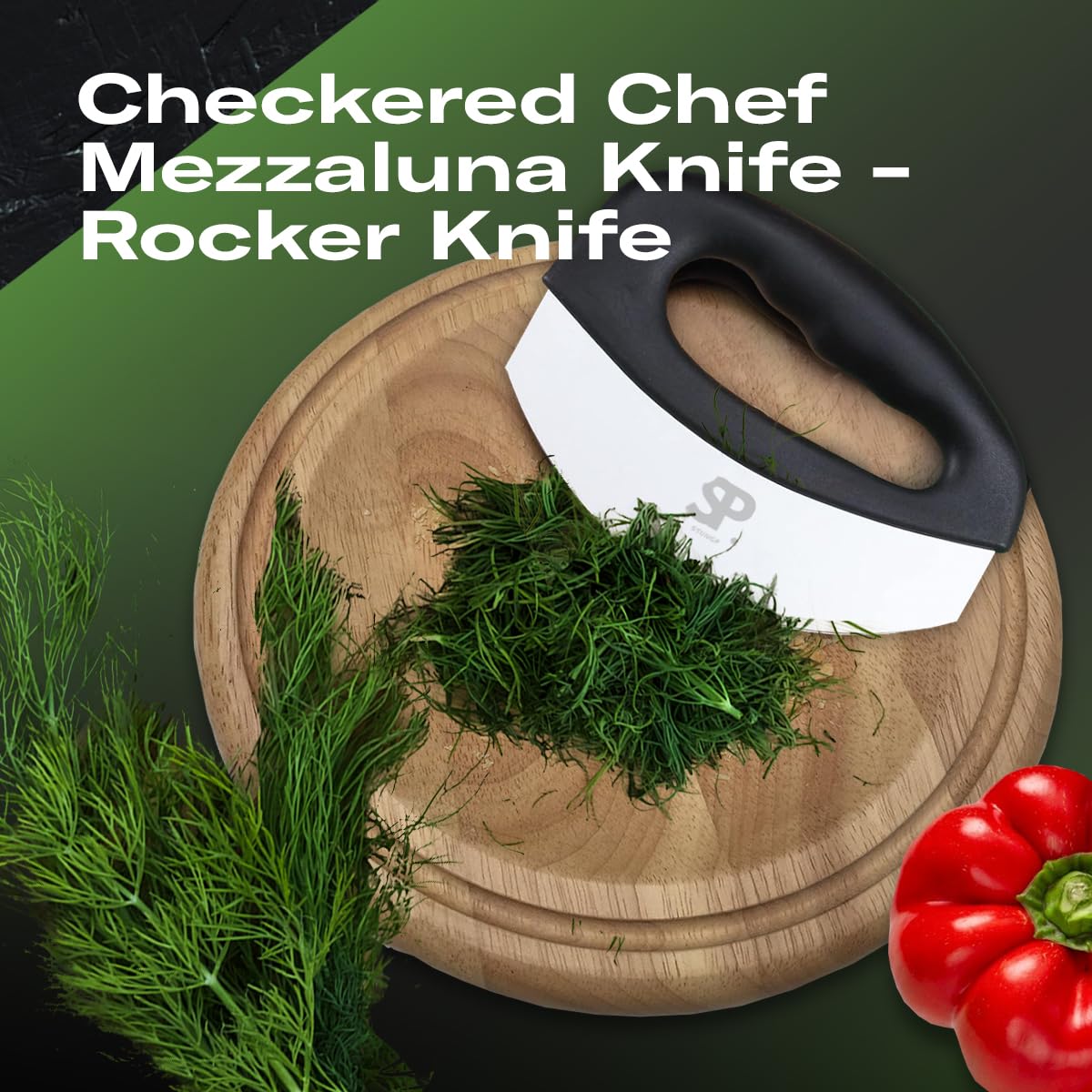 Stainless Steel Mezzaluna Salad Chopper Knife – Double Blade Herb Mincer with Protective Cover and Ergonomic Handles for Chopping Herbs, Vegetables, and Salad