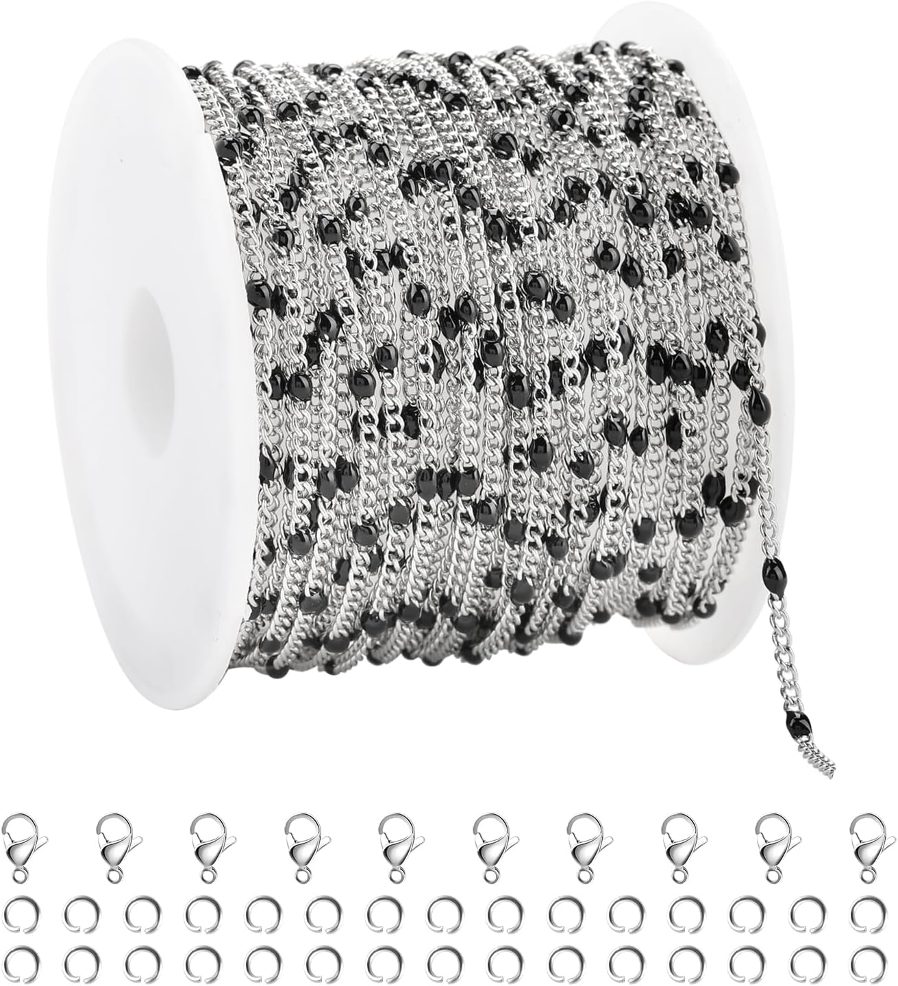 YOUBEIYEE 5 Meters Stainless Steel Chains for Jewelry Making Thin Twist Curb Link Chain with Black Enamel Beads