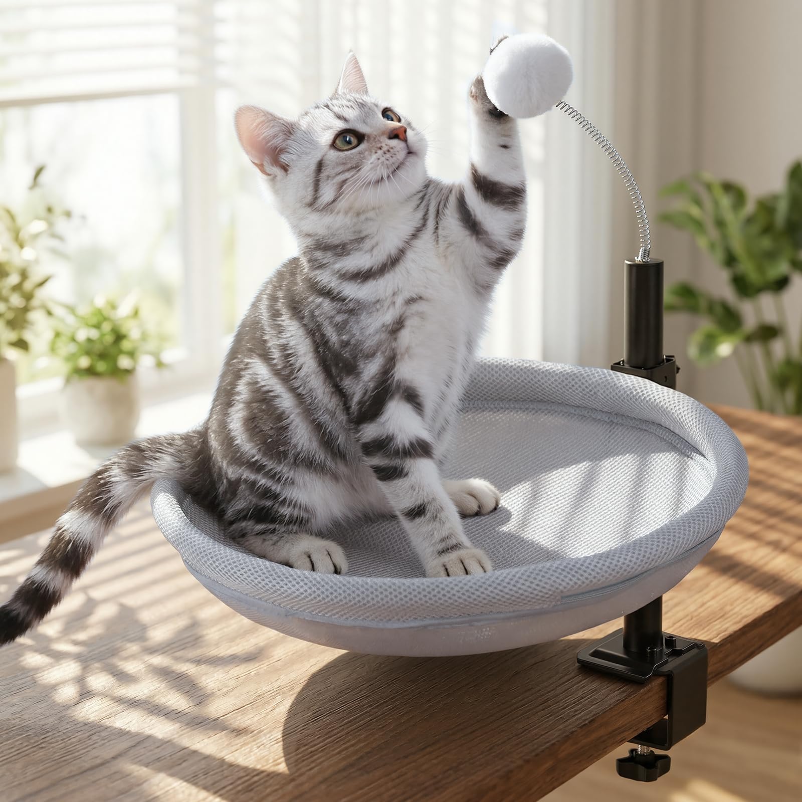 Lit de Bureau pour Chat, nid de Bureau pivotant à 360° et réglable en Hauteur avec Balle Suspendue Interactive, hamac pour Chat avec Housse Lavable pour Bureau à Domicile, supporte jusqu'à 40 lbs