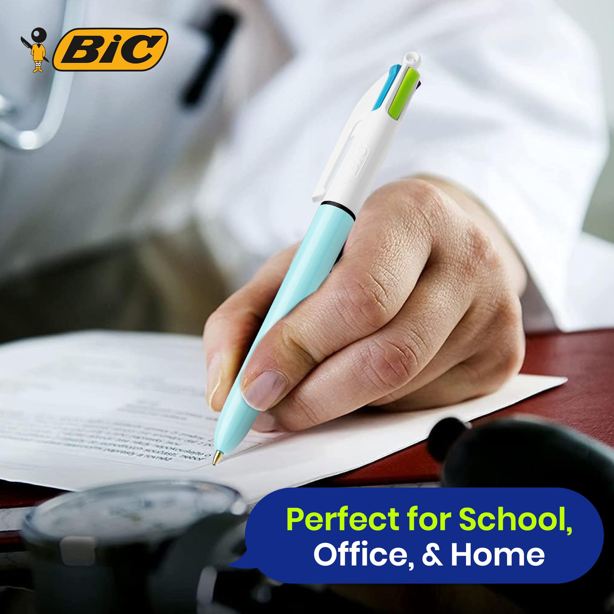 BIC Lot de 24 stylos amusants 4 couleurs avec corps en plastique de 1 mm, quatre couleurs d'encre en un pour écriture lisse, stylo multi-stylos 4 en un avec trou de clip et cordon pour étudiants et